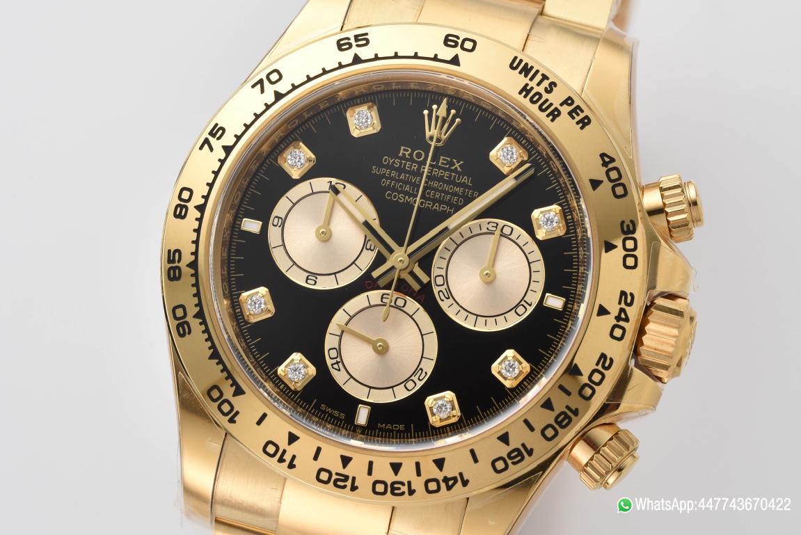 Super Clone Daytona 126508 Black Dial with Yellow Gold Counter Dial Diamonds Hour Markers 18K Yellow Gold Plated Band 4131 Movement 03 Super Clone Daytona 126508 Black Dial with Yellow Gold Counter Dial Diamonds Hour Markers 18K Yellow Gold Plated Band 4131 Movement 03
