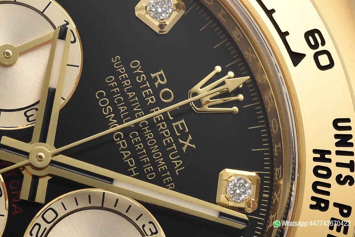 Super Clone Daytona 126508 Black Dial with Yellow Gold Counter Dial Diamonds Hour Markers 18K Yellow Gold Plated Band 4131 Movement 04 Super Clone Daytona 126508 Black Dial with Yellow Gold Counter Dial Diamonds Hour Markers 18K Yellow Gold Plated Band 4131 Movement 04