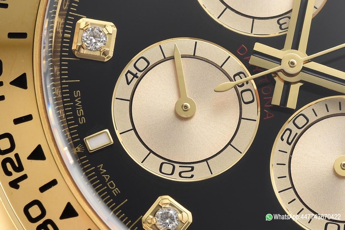 Super Clone Daytona 126508 Black Dial with Yellow Gold Counter Dial Diamonds Hour Markers 18K Yellow Gold Plated Band 4131 Movement 05 Super Clone Daytona 126508 Black Dial with Yellow Gold Counter Dial Diamonds Hour Markers 18K Yellow Gold Plated Band 4131 Movement 05