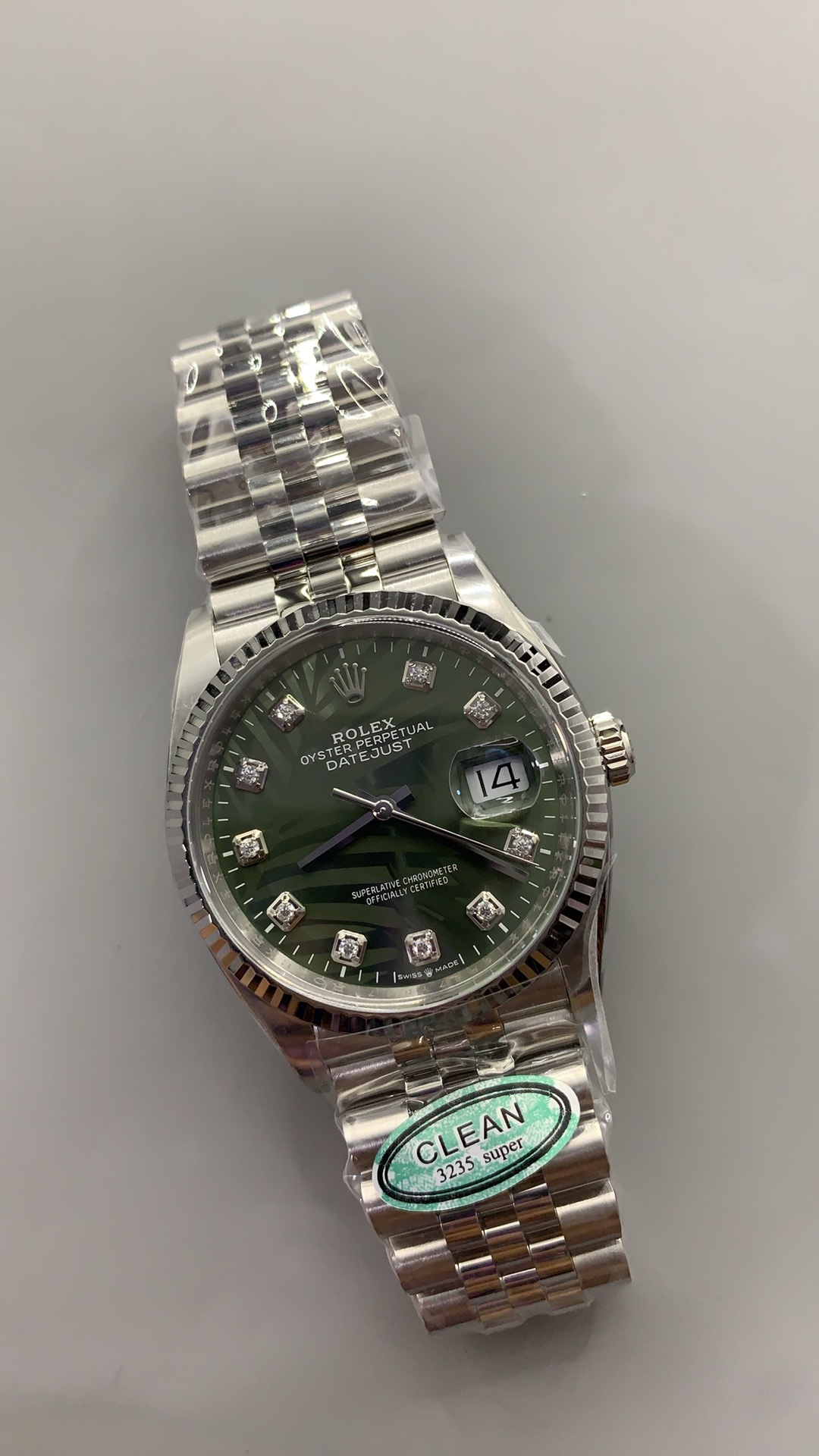 Victory Factory DateJust 36mm 126234 Green Palm motif Dial with Diamond Hors Markers 904L Steel on Jubilee Bracelet SH3235 Movement 02 Clean Factory DateJust 36mm 126234 Green Palm motif Dial with Diamond Hors Markers 904L Steel on Jubilee Bracelet SH3235 Movement 02