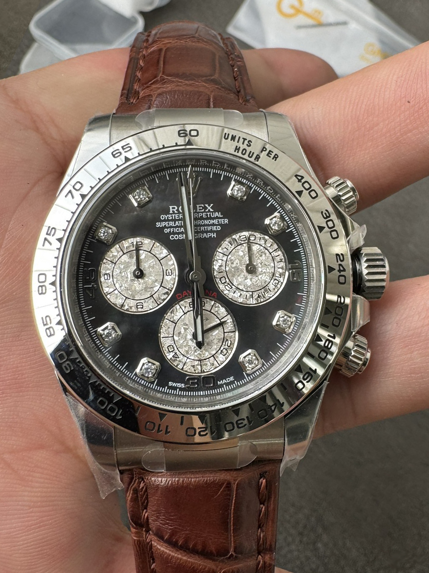 Victory Factory Daytona 116519 Tahitian MOP Dial with Diamonds Markers DD 4130 Movement Alligator Leather Strap 000 Clean Factory Daytona 116519 Tahitian MOP Dial with Diamonds Markers DD 4130 Movement Alligator Leather Strap 000