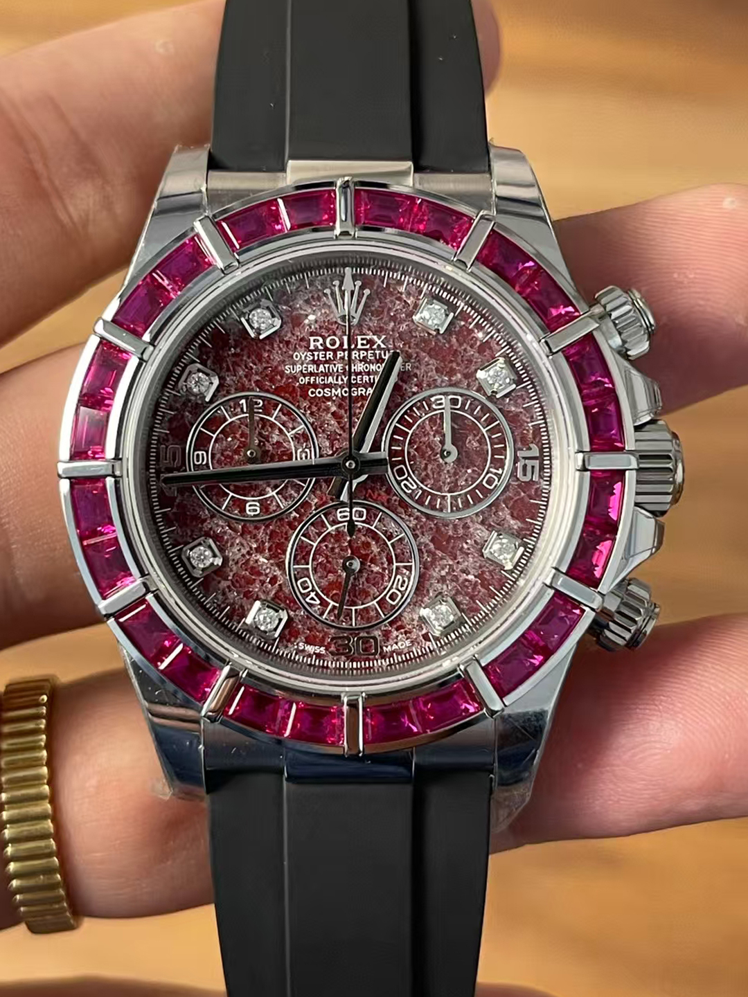 Premium Customized Daytona 116519 Red Garnet Dial and Bezel Diamonds Indexes Based on Super Clone Daytona DD4130 Movement Oysterflex Strap 00 Premium Customized Daytona 116519 Red Garnet Dial and Bezel Diamonds Indexes Based on Super Clone Daytona DD4130 Movement Oysterflex Strap 00