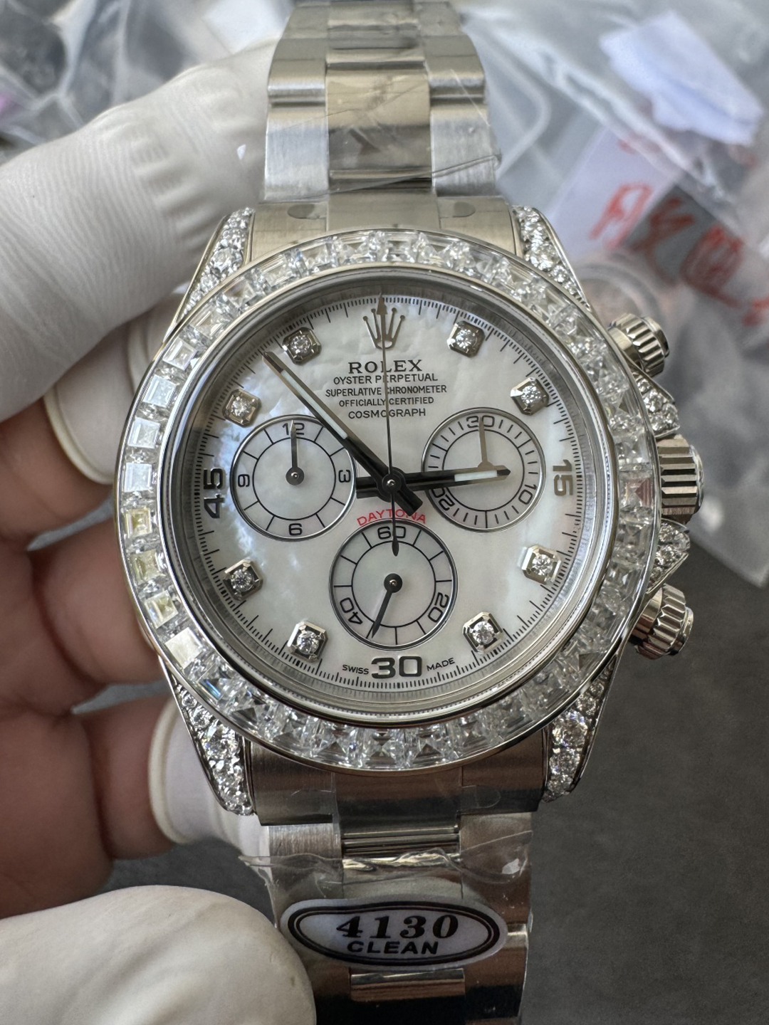 Premium Customized Daytona 116589 MOP Dial Diamonds Hour Markers Diamonds Case and Bezel Based on Victory Factory DD4130 Movement 00 Premium Customized Daytona 116589 MOP Dial Diamonds Hour Markers Diamonds Case and Bezel Based on Clean Factory DD4130 Movement 00