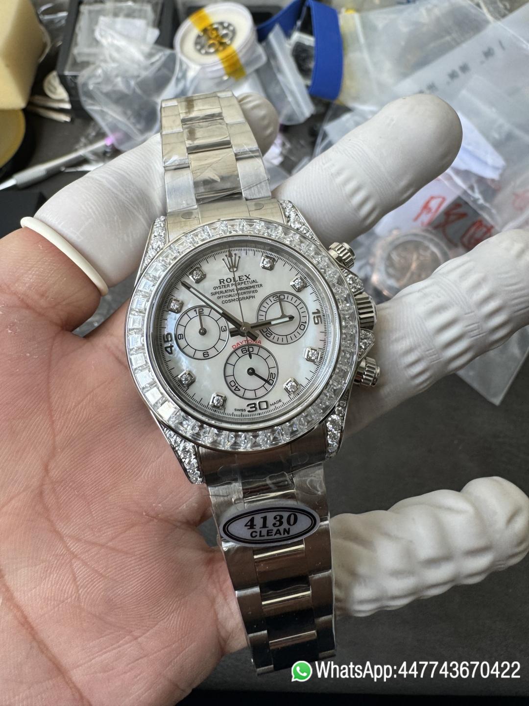 Premium Customized Daytona 116589 MOP Dial Diamonds Hour Markers Diamonds Case and Bezel Based on Super Clone DD4130 Movement 01 Premium Customized Daytona 116589 MOP Dial Diamonds Hour Markers Diamonds Case and Bezel Based on Super Clone DD4130 Movement 01