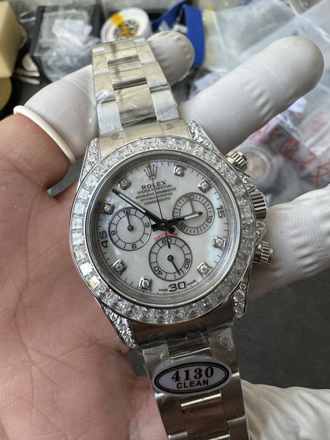 Premium Customized Daytona 116589 MOP Dial Diamonds Hour Markers Diamonds Case and Bezel Based on Victory Factory DD4130 Movement 02 Premium Customized Daytona 116589 MOP Dial Diamonds Hour Markers Diamonds Case and Bezel Based on Clean Factory DD4130 Movement 02