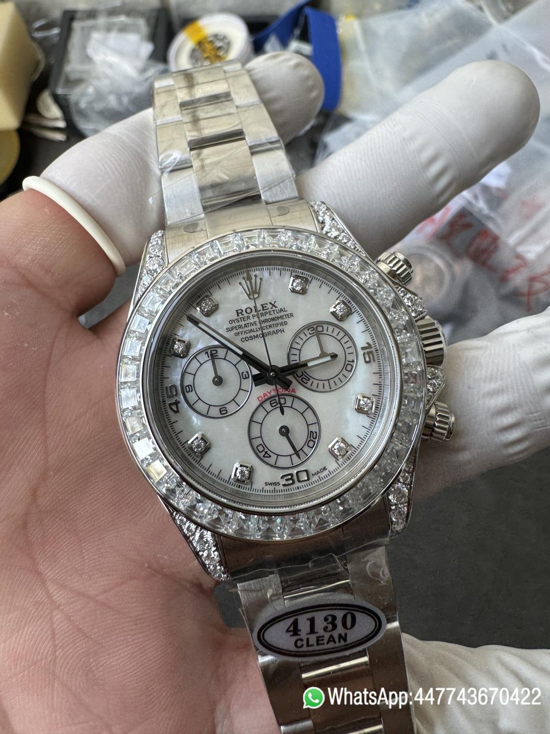 Premium Customized Daytona 116589 MOP Dial Diamonds Hour Markers Diamonds Case and Bezel Based on Super Clone DD4130 Movement 02 Premium Customized Daytona 116589 MOP Dial Diamonds Hour Markers Diamonds Case and Bezel Based on Super Clone DD4130 Movement 02