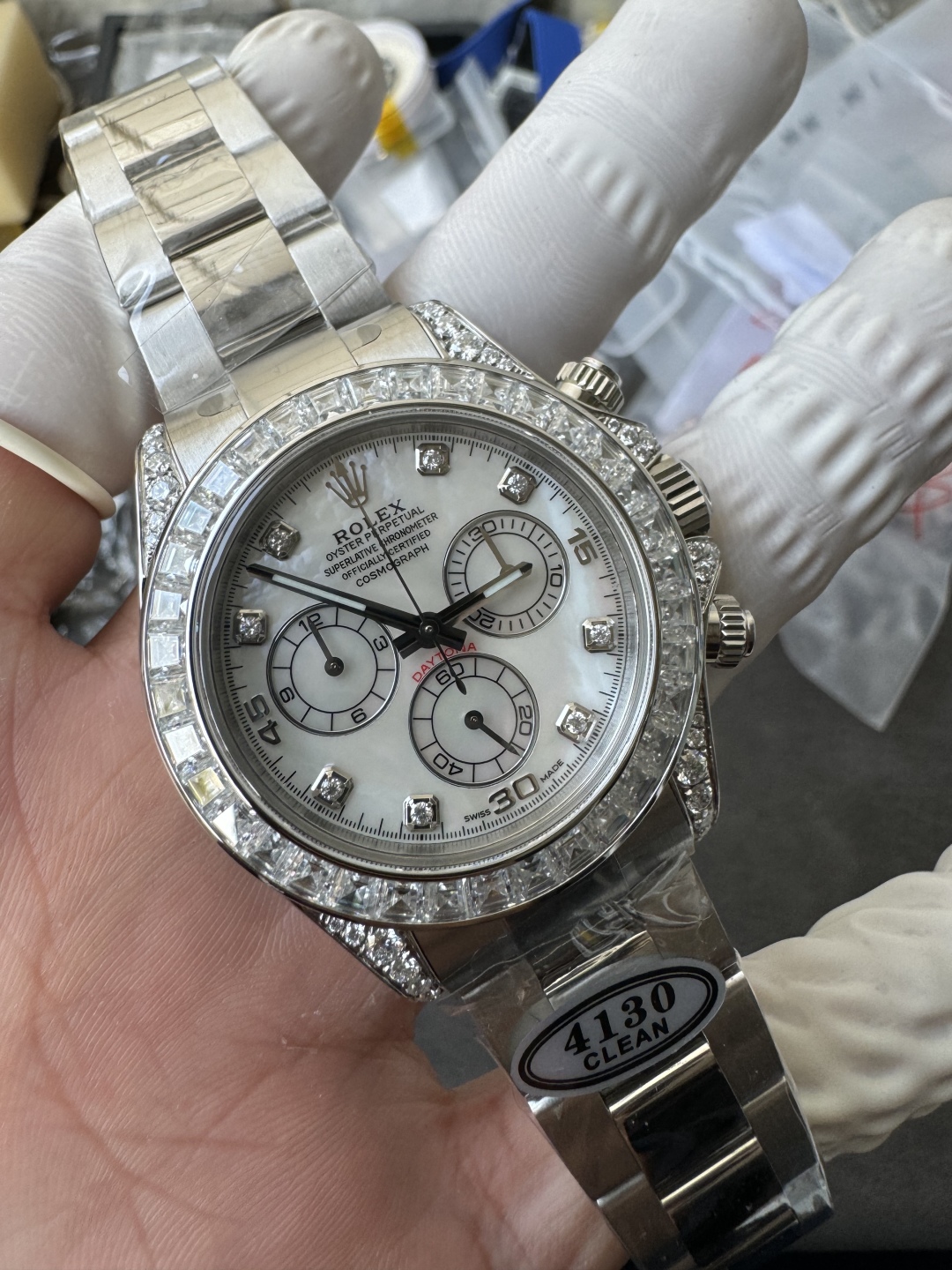 Premium Customized Daytona 116589 MOP Dial Diamonds Hour Markers Diamonds Case and Bezel Based on Super Clone DD4130 Movement 03 Premium Customized Daytona 116589 MOP Dial Diamonds Hour Markers Diamonds Case and Bezel Based on Super Clone DD4130 Movement 03