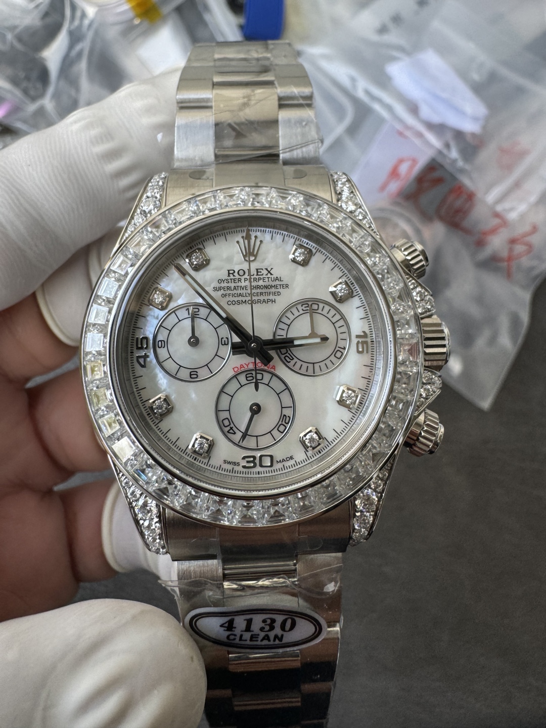 Premium Customized Daytona 116589 MOP Dial Diamonds Hour Markers Diamonds Case and Bezel Based on Victory Factory DD4130 Movement 04 Premium Customized Daytona 116589 MOP Dial Diamonds Hour Markers Diamonds Case and Bezel Based on Clean Factory DD4130 Movement 04