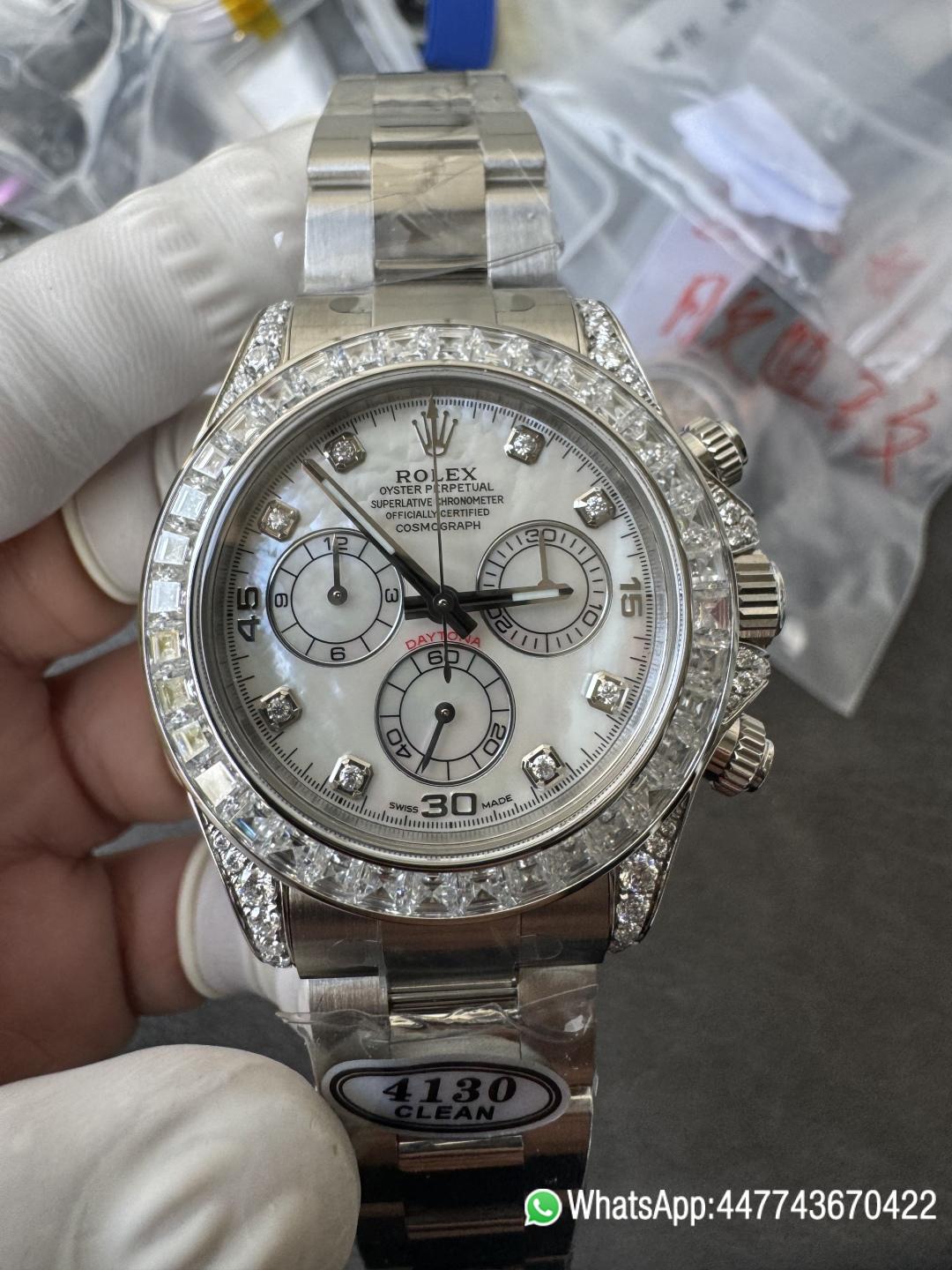 Premium Customized Daytona 116589 MOP Dial Diamonds Hour Markers Diamonds Case and Bezel Based on Super Clone DD4130 Movement 04 Premium Customized Daytona 116589 MOP Dial Diamonds Hour Markers Diamonds Case and Bezel Based on Super Clone DD4130 Movement 04
