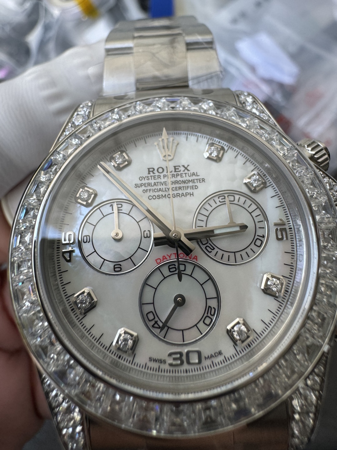 Premium Customized Daytona 116589 MOP Dial Diamonds Hour Markers Diamonds Case and Bezel Based on Victory Factory DD4130 Movement 05 Premium Customized Daytona 116589 MOP Dial Diamonds Hour Markers Diamonds Case and Bezel Based on Clean Factory DD4130 Movement 05