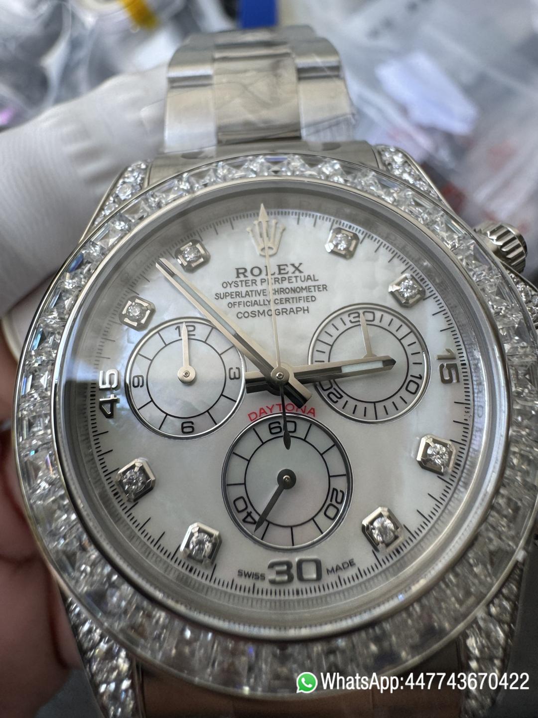 Premium Customized Daytona 116589 MOP Dial Diamonds Hour Markers Diamonds Case and Bezel Based on Super Clone DD4130 Movement 05 Premium Customized Daytona 116589 MOP Dial Diamonds Hour Markers Diamonds Case and Bezel Based on Super Clone DD4130 Movement 05