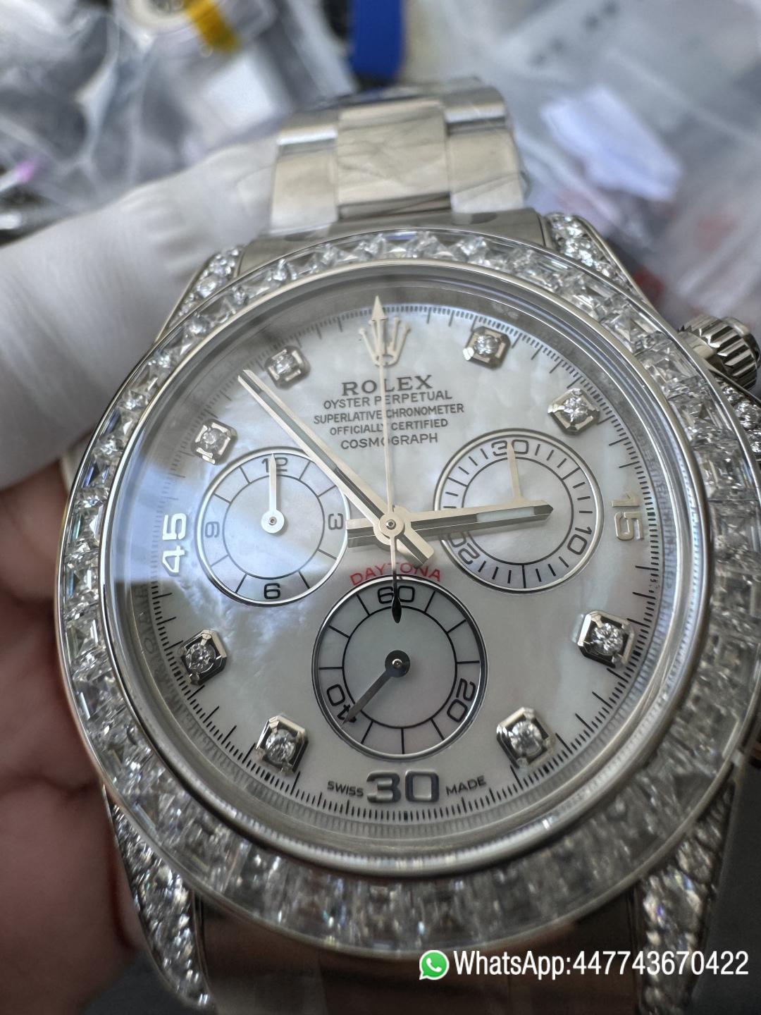 Premium Customized Daytona 116589 MOP Dial Diamonds Hour Markers Diamonds Case and Bezel Based on Super Clone DD4130 Movement 06 Premium Customized Daytona 116589 MOP Dial Diamonds Hour Markers Diamonds Case and Bezel Based on Super Clone DD4130 Movement 06