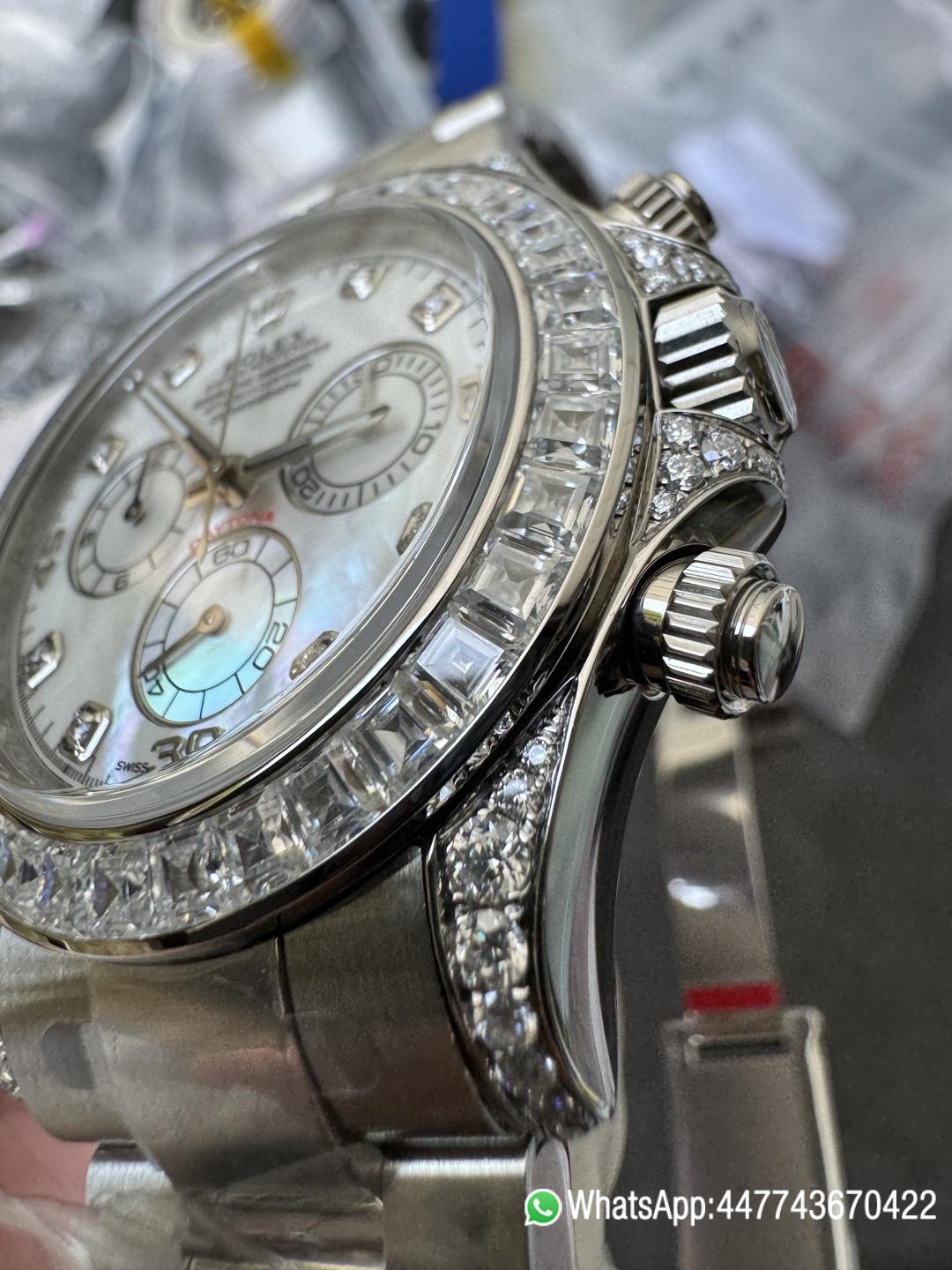 Premium Customized Daytona 116589 MOP Dial Diamonds Hour Markers Diamonds Case and Bezel Based on Super Clone DD4130 Movement 07 Premium Customized Daytona 116589 MOP Dial Diamonds Hour Markers Diamonds Case and Bezel Based on Super Clone DD4130 Movement 07