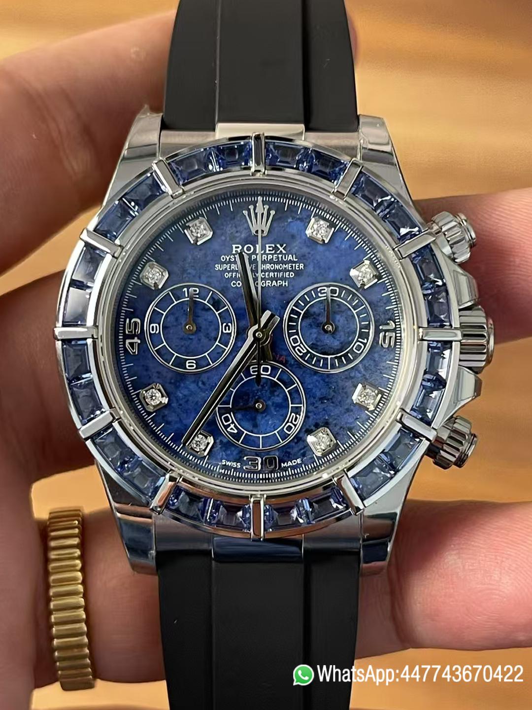 Premium Customized Rolex Daytona 116519 Sodalite Dial and Bezel Diamonds Indexes Based on Super Clone Daytona DD4130 Movement Oysterflex Strap 00 Premium Customized Rolex Daytona 116519 Sodalite Dial and Bezel Diamonds Indexes Based on Super Clone Daytona DD4130 Movement Oysterflex Strap 00