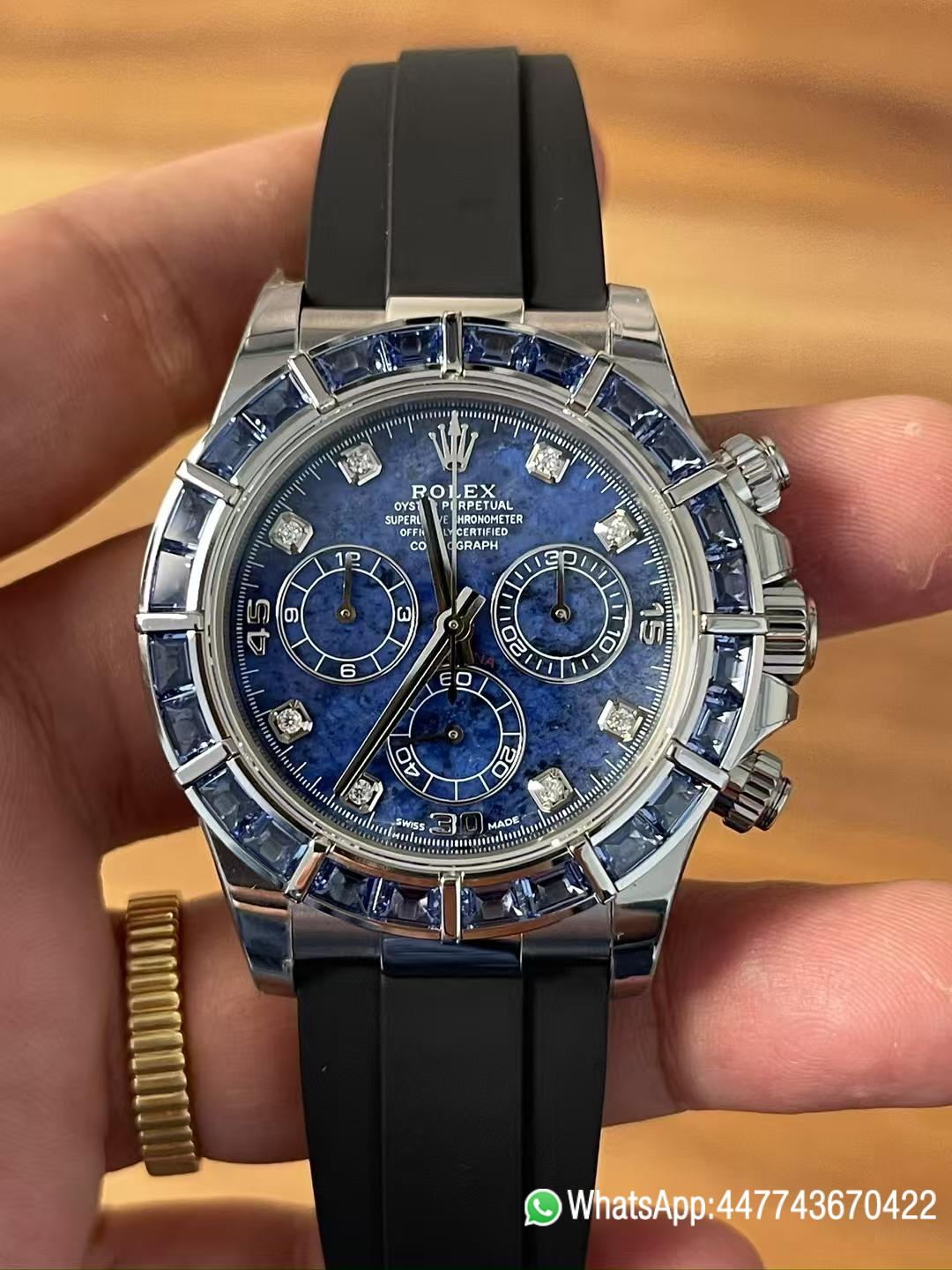 Premium Customized Rolex Daytona 116519 Sodalite Dial and Bezel Diamonds Indexes Based on Super Clone Daytona DD4130 Movement Oysterflex Strap 01 Premium Customized Rolex Daytona 116519 Sodalite Dial and Bezel Diamonds Indexes Based on Super Clone Daytona DD4130 Movement Oysterflex Strap 01