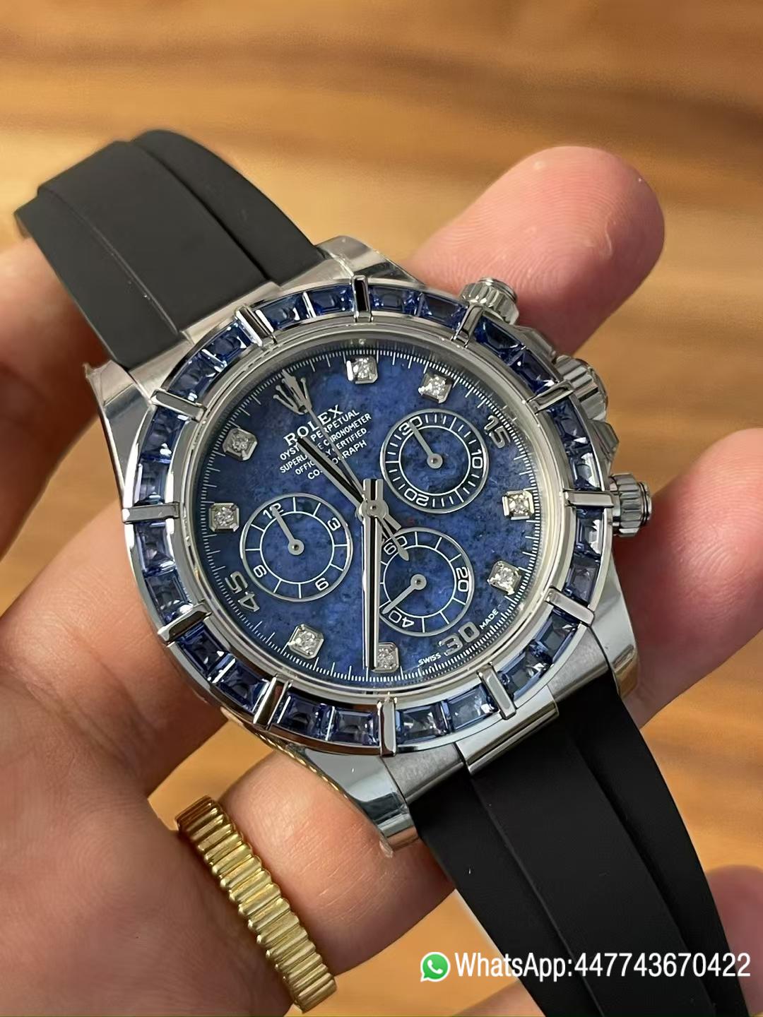 Premium Customized Rolex Daytona 116519 Sodalite Dial and Bezel Diamonds Indexes Based on Super Clone Daytona DD4130 Movement Oysterflex Strap 02 Premium Customized Rolex Daytona 116519 Sodalite Dial and Bezel Diamonds Indexes Based on Super Clone Daytona DD4130 Movement Oysterflex Strap 02