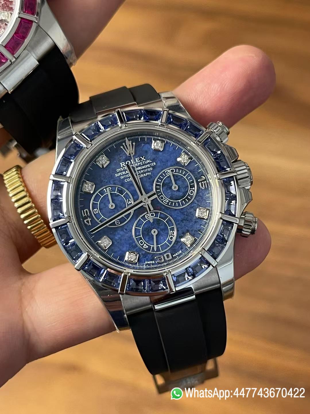 Premium Customized Rolex Daytona 116519 Sodalite Dial and Bezel Diamonds Indexes Based on Super Clone Daytona DD4130 Movement Oysterflex Strap 04 Premium Customized Rolex Daytona 116519 Sodalite Dial and Bezel Diamonds Indexes Based on Super Clone Daytona DD4130 Movement Oysterflex Strap 04
