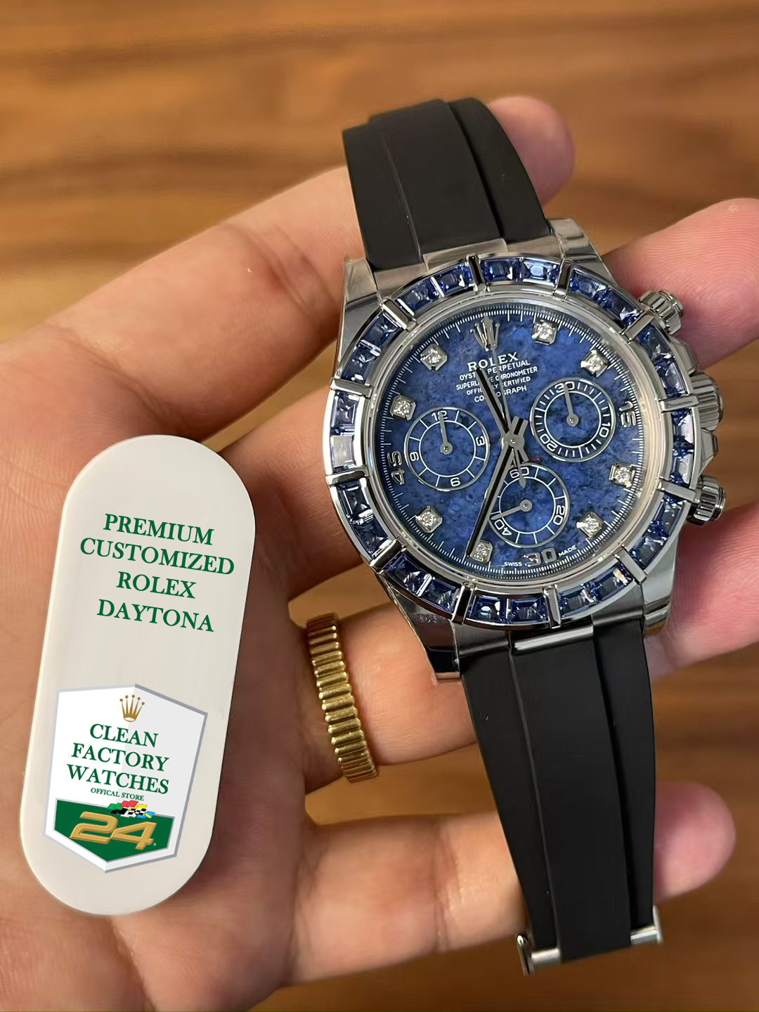 Premium Customized Rolex Daytona 116519 Sodalite Dial and Bezel Diamonds Indexes Based on Victory Factory Daytona DD4130 Movement Oysterflex Strap 05 Premium Customized Rolex Daytona 116519 Sodalite Dial and Bezel Diamonds Indexes Based on Clean Factory Daytona DD4130 Movement Oysterflex Strap 05