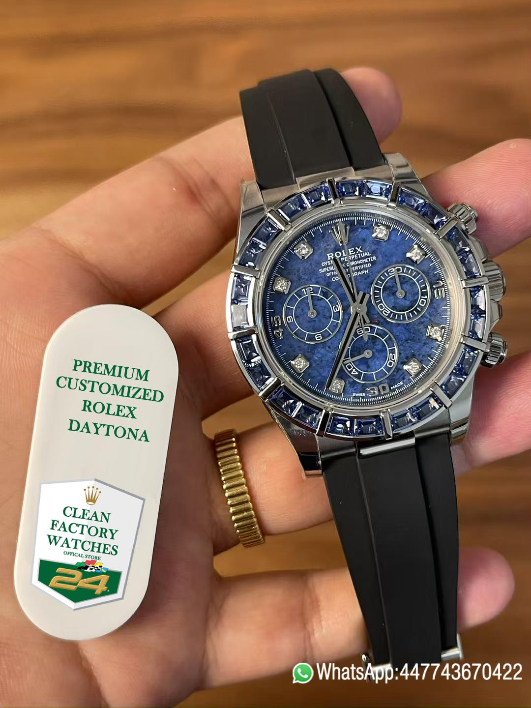 Premium Customized Rolex Daytona 116519 Sodalite Dial and Bezel Diamonds Indexes Based on Super Clone Daytona DD4130 Movement Oysterflex Strap 05 Premium Customized Rolex Daytona 116519 Sodalite Dial and Bezel Diamonds Indexes Based on Super Clone Daytona DD4130 Movement Oysterflex Strap 05