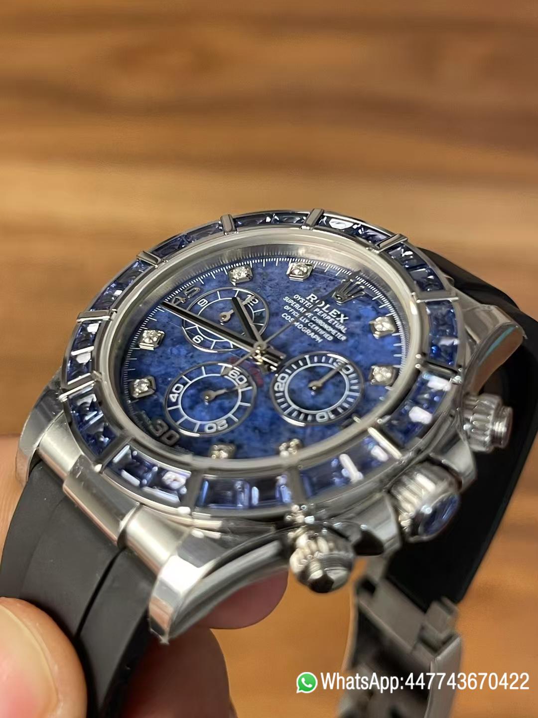 Premium Customized Rolex Daytona 116519 Sodalite Dial and Bezel Diamonds Indexes Based on Super Clone Daytona DD4130 Movement Oysterflex Strap 06 01 Premium Customized Rolex Daytona 116519 Sodalite Dial and Bezel Diamonds Indexes Based on Super Clone Daytona DD4130 Movement Oysterflex Strap 06 01