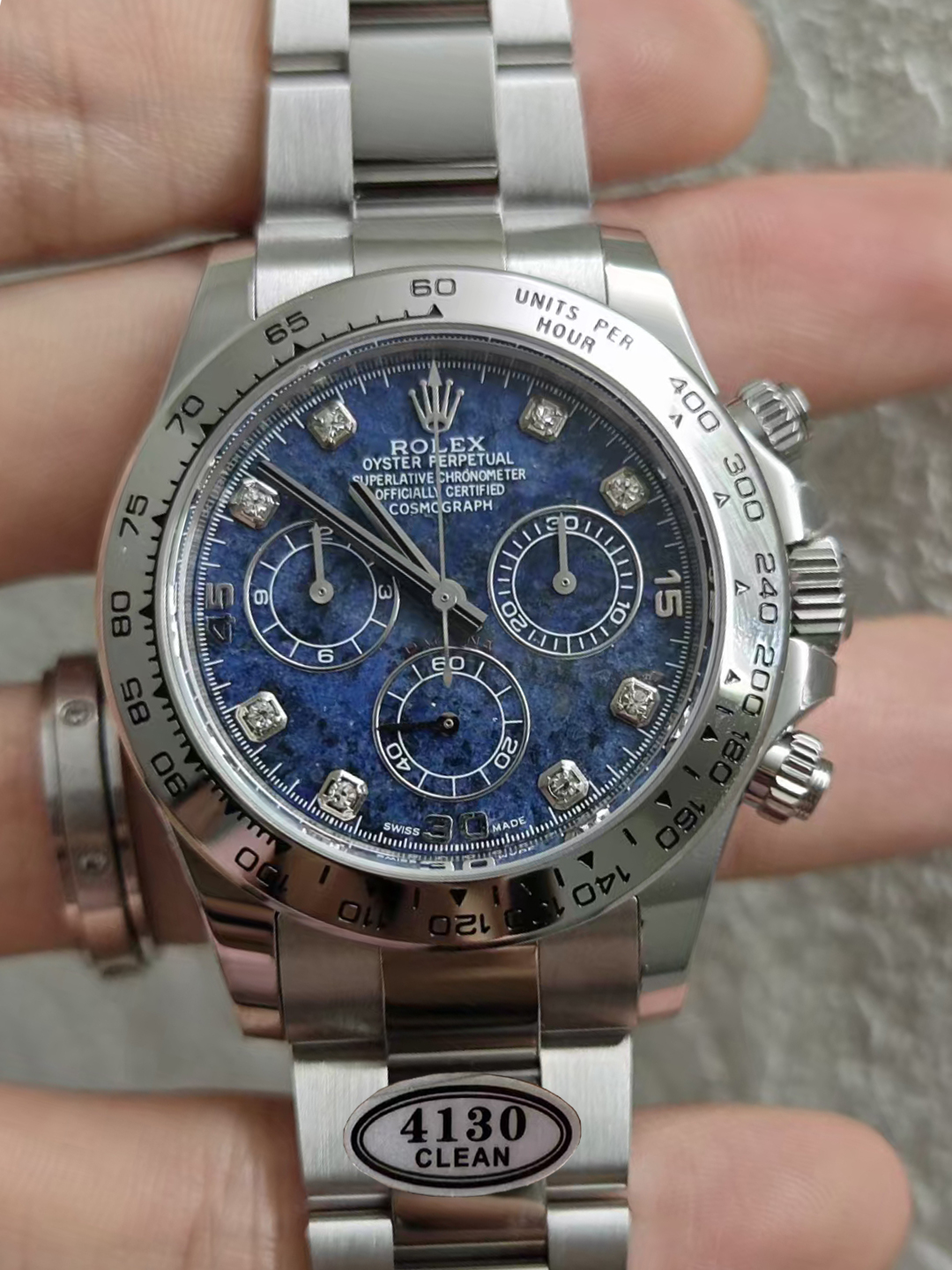 Victory Factory Daytona 116519 Blue Sodalite Dial wtih Diamonds Indexes Based Super Clone DanDong 4130 Movement Oyster Bracelet 00 Clean Factory Daytona 116519 Blue Sodalite Dial wtih Diamonds Indexes Based Super Clone DanDong 4130 Movement Oyster Bracelet 00