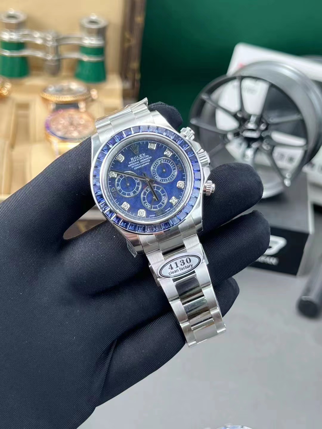 Premium Custom Daytona 116519 Blue Sodalite Dial Diamonds Bezel and Indexes Based on Victory Factory Daytona DD4130 Movement Oyster Bracelet 04 Premium Custom Daytona 116519 Blue Sodalite Dial Diamonds Bezel and Indexes Based on Clean Factory Daytona DD4130 Movement Oyster Bracelet 04