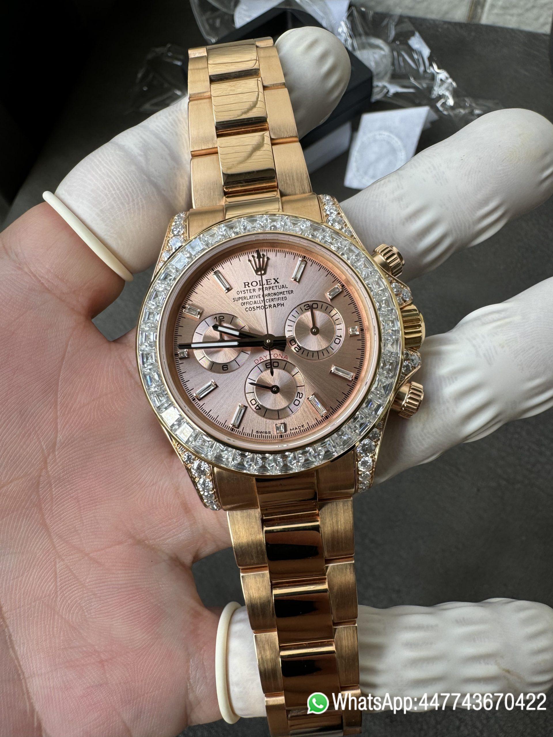 Super Clone Rolex Custom SuperClone ICE Out Daytona 126595TBR Rose Gold Case Set with Diamonds Pink Dial with Diamond Indexs 4131 Movement 01 Super Clone Rolex Custom SuperClone ICE Out Daytona 126595TBR Rose Gold Case Set with Diamonds Pink Dial with Diamond Indexs 4131 Movement 01
