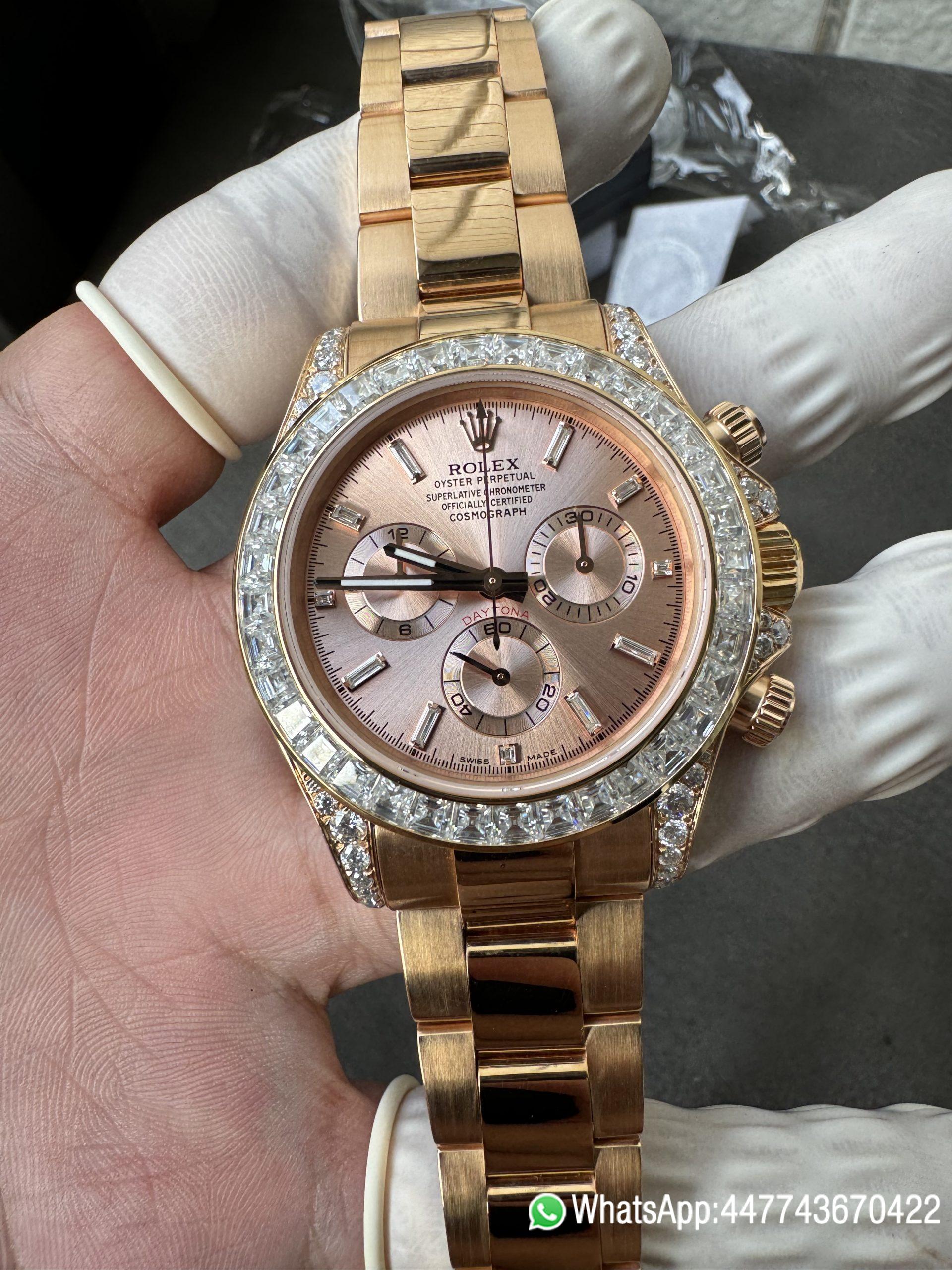 Super Clone Rolex Custom SuperClone ICE Out Daytona 126595TBR Rose Gold Case Set with Diamonds Pink Dial with Diamond Indexs 4131 Movement 02 1 Super Clone Rolex Custom SuperClone ICE Out Daytona 126595TBR Rose Gold Case Set with Diamonds Pink Dial with Diamond Indexs 4131 Movement 02 1
