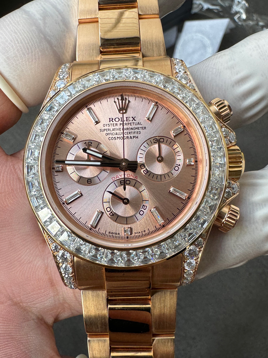 Victory Factory Rolex Custom SuperClone ICE Out Daytona 126595TBR Rose Gold Case Set with Diamonds Pink Dial with Diamond Indexs 4131 Movement 02 Clean Factory Rolex Custom SuperClone ICE Out Daytona 126595TBR Rose Gold Case Set with Diamonds Pink Dial with Diamond Indexs 4131 Movement 02