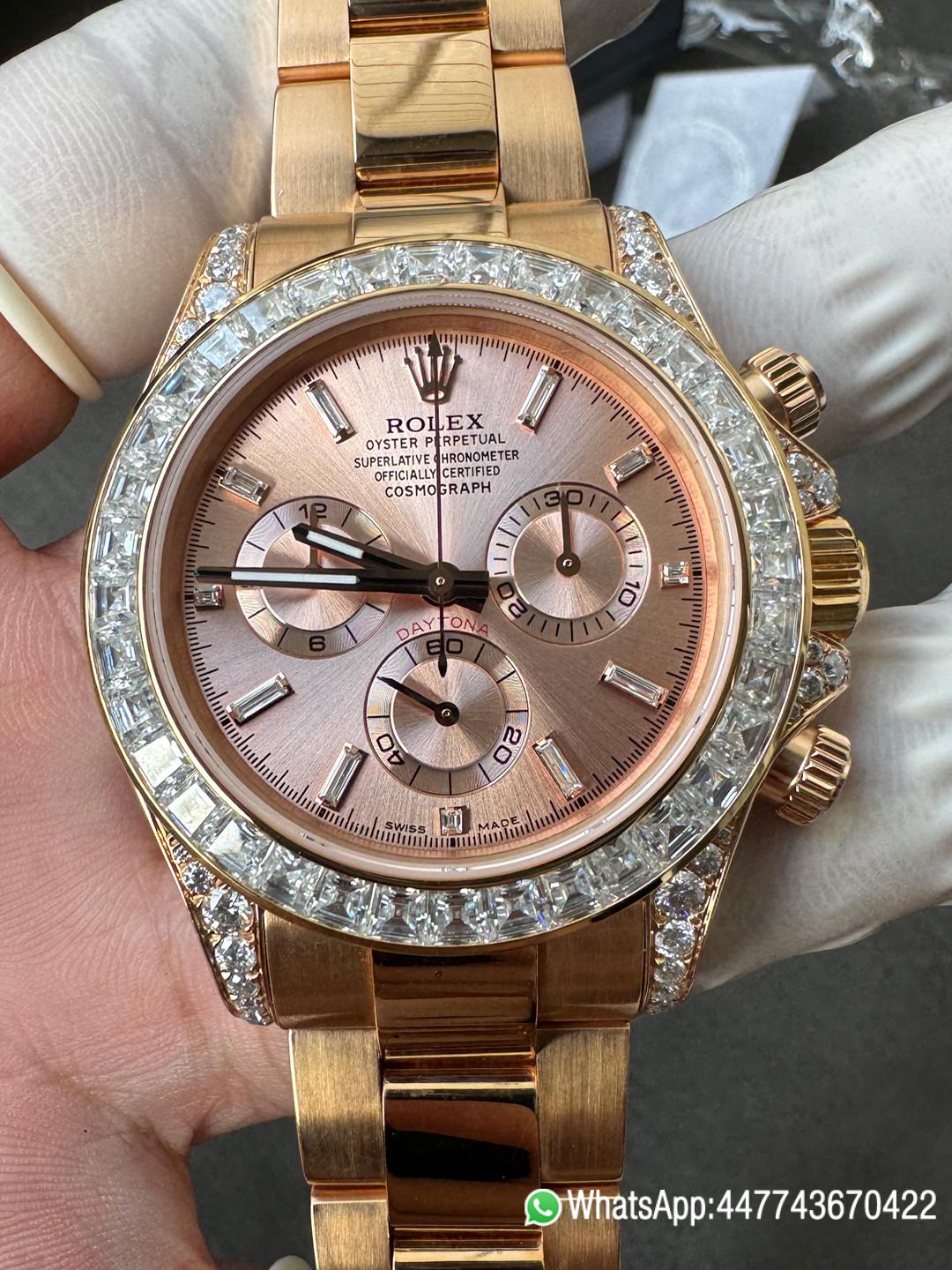 Super Clone Rolex Custom SuperClone ICE Out Daytona 126595TBR Rose Gold Case Set with Diamonds Pink Dial with Diamond Indexs 4131 Movement 02 Super Clone Rolex Custom SuperClone ICE Out Daytona 126595TBR Rose Gold Case Set with Diamonds Pink Dial with Diamond Indexs 4131 Movement 02