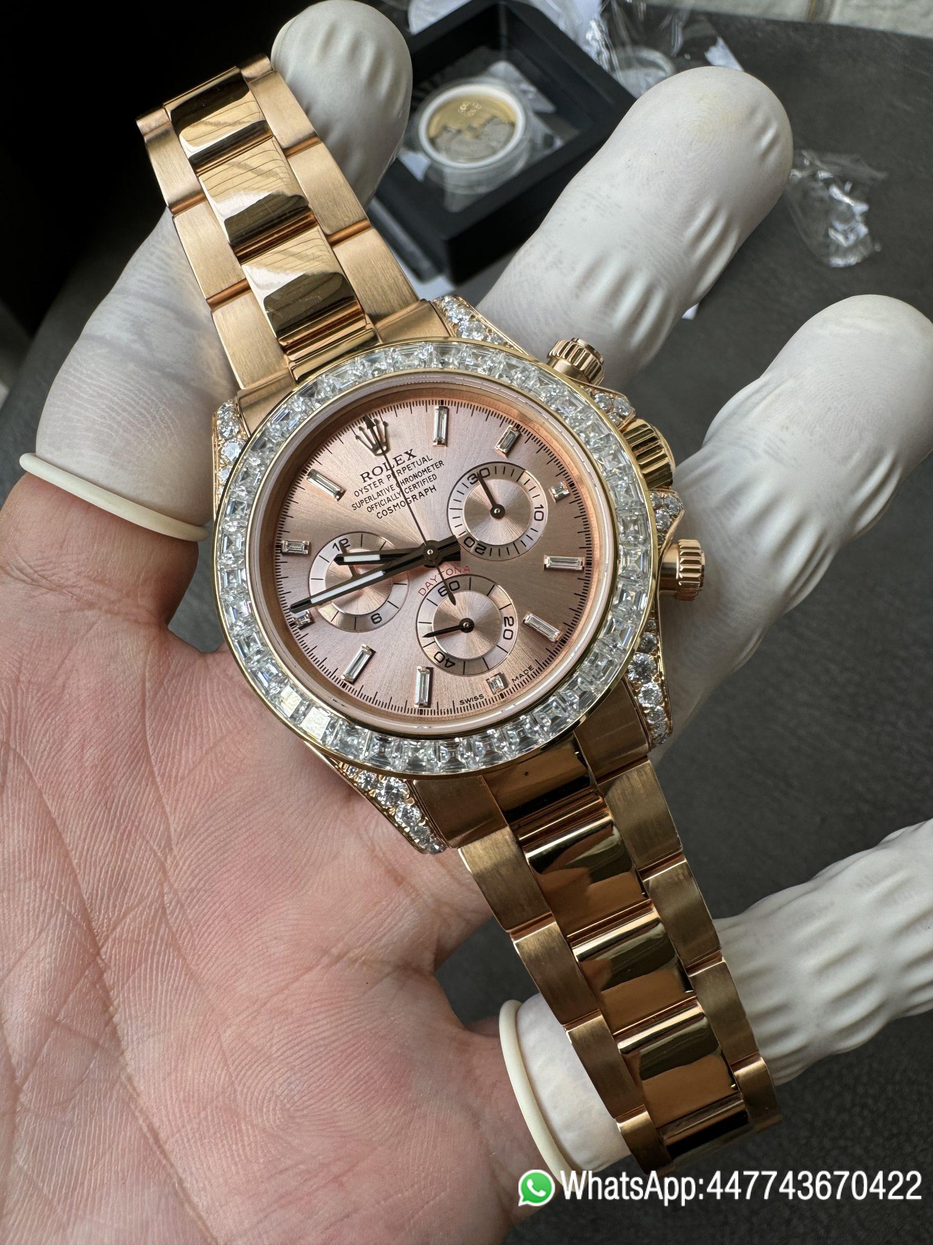 Super Clone Rolex Custom SuperClone ICE Out Daytona 126595TBR Rose Gold Case Set with Diamonds Pink Dial with Diamond Indexs 4131 Movement 03 Super Clone Rolex Custom SuperClone ICE Out Daytona 126595TBR Rose Gold Case Set with Diamonds Pink Dial with Diamond Indexs 4131 Movement 03