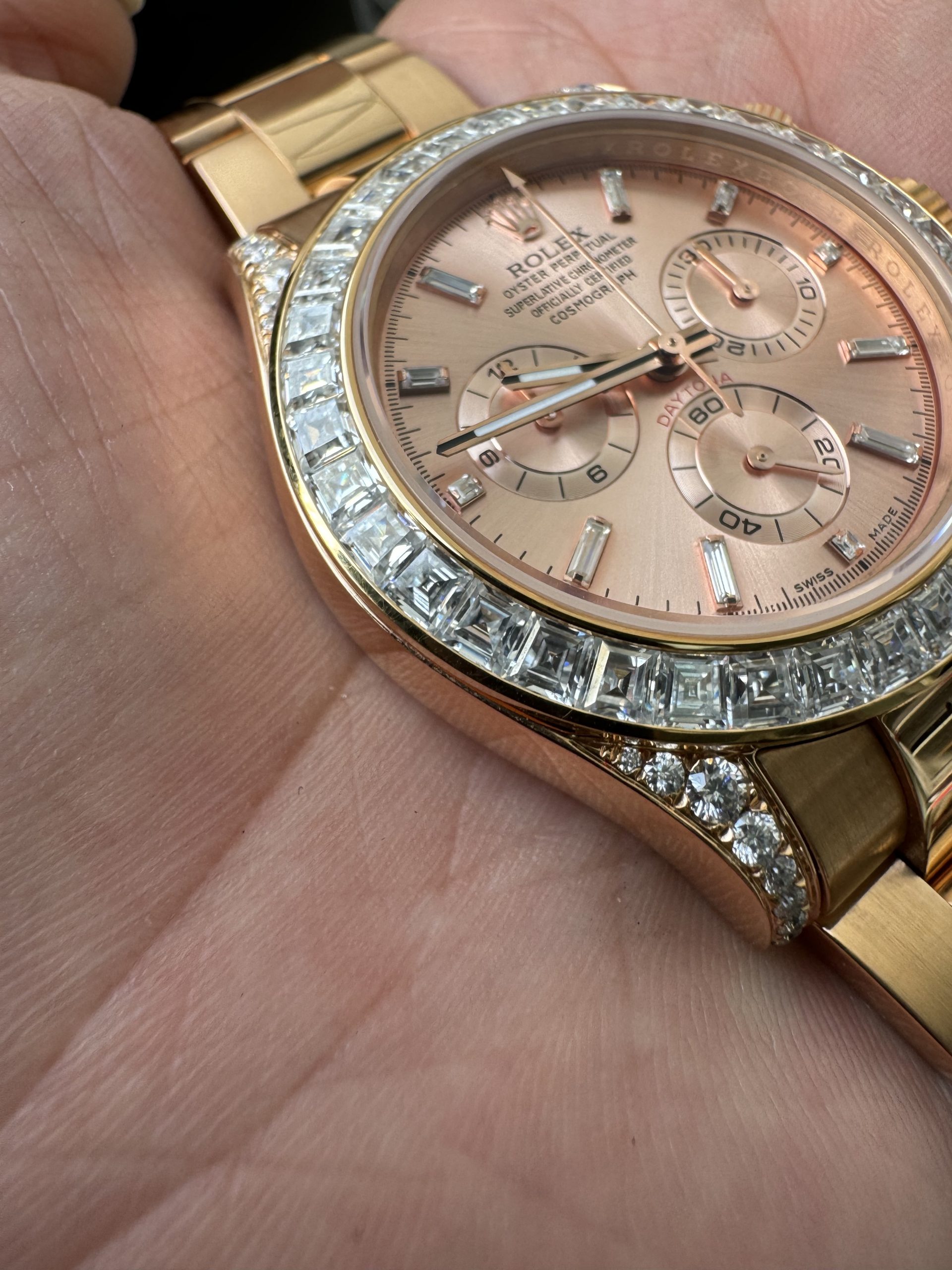 Victory Factory Rolex Custom SuperClone ICE Out Daytona 126595TBR Rose Gold Case Set with Diamonds Pink Dial with Diamond Indexs 4131 Movement 04 Clean Factory Rolex Custom SuperClone ICE Out Daytona 126595TBR Rose Gold Case Set with Diamonds Pink Dial with Diamond Indexs 4131 Movement 04