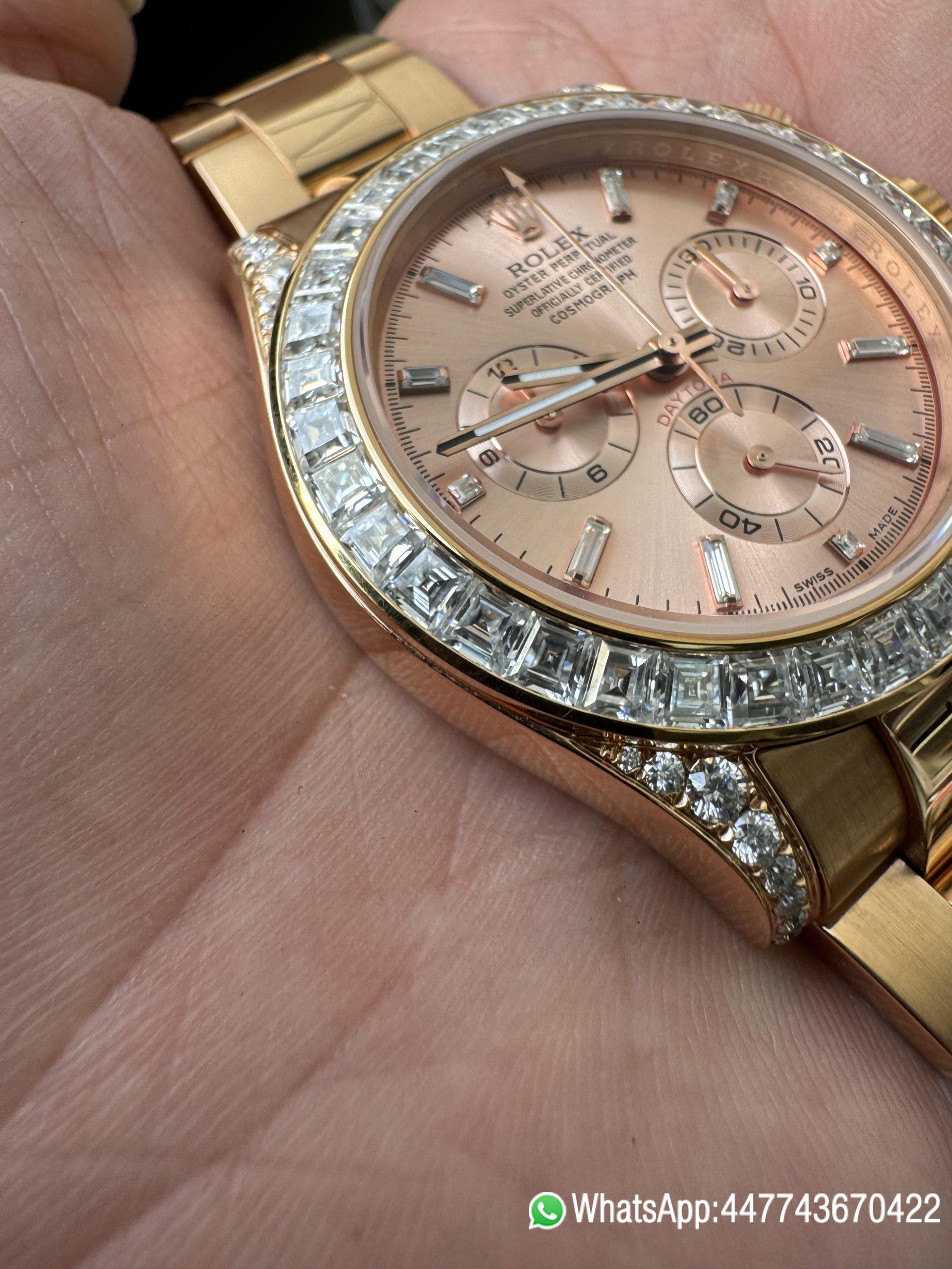 Super Clone Rolex Custom SuperClone ICE Out Daytona 126595TBR Rose Gold Case Set with Diamonds Pink Dial with Diamond Indexs 4131 Movement 04 Super Clone Rolex Custom SuperClone ICE Out Daytona 126595TBR Rose Gold Case Set with Diamonds Pink Dial with Diamond Indexs 4131 Movement 04