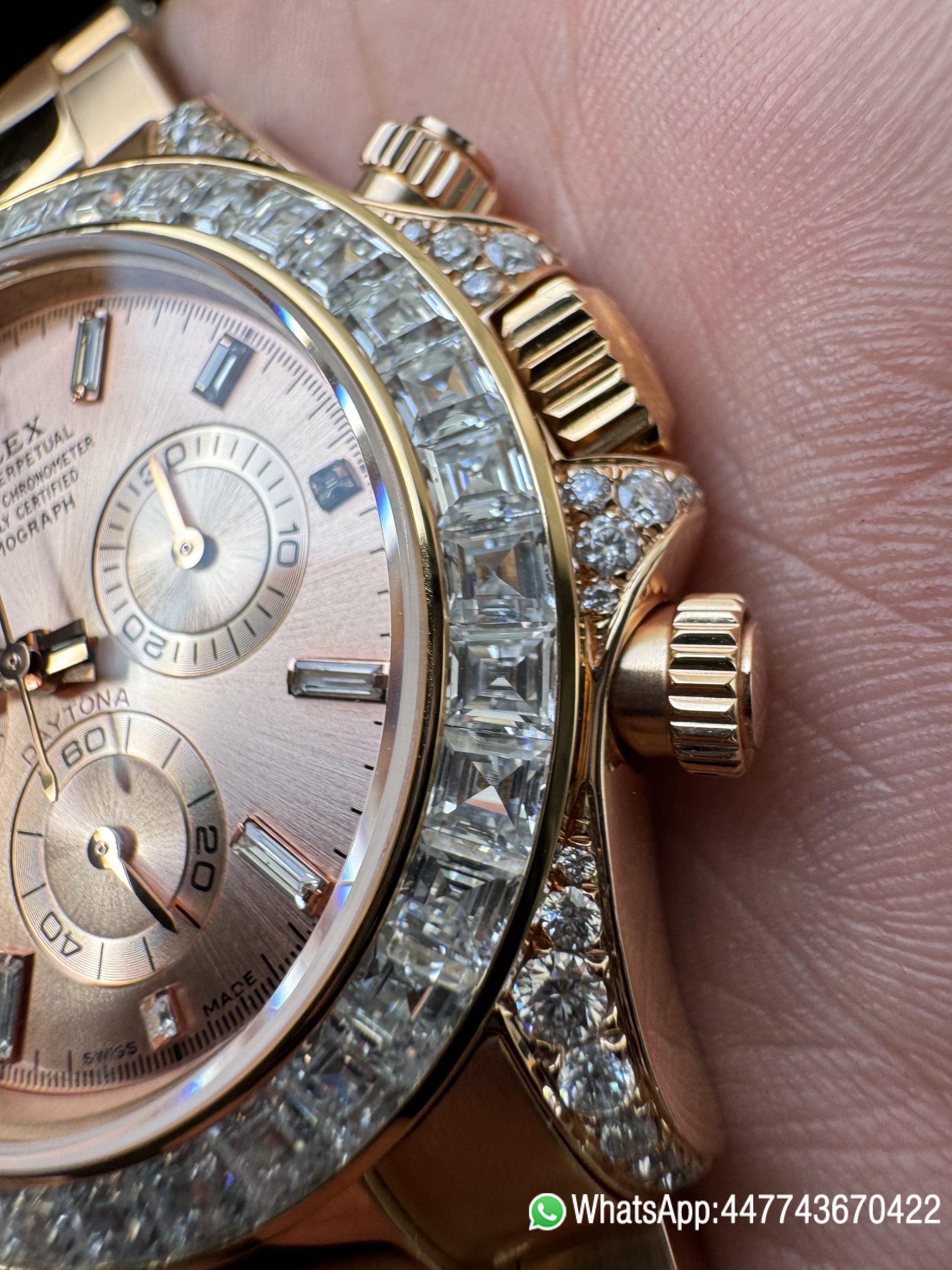 Super Clone Rolex Custom SuperClone ICE Out Daytona 126595TBR Rose Gold Case Set with Diamonds Pink Dial with Diamond Indexs 4131 Movement 05 Super Clone Rolex Custom SuperClone ICE Out Daytona 126595TBR Rose Gold Case Set with Diamonds Pink Dial with Diamond Indexs 4131 Movement 05