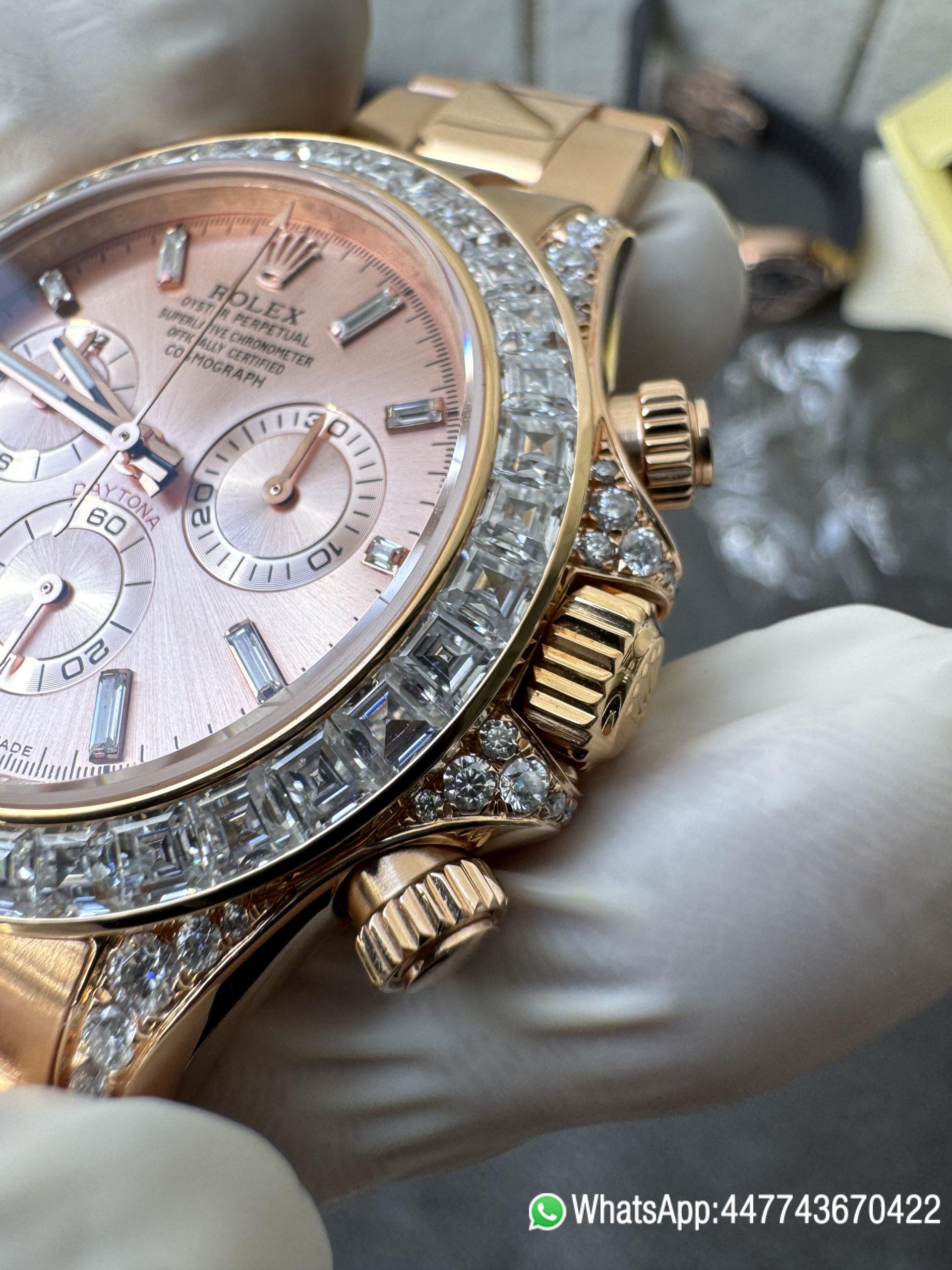 Super Clone Rolex Custom SuperClone ICE Out Daytona 126595TBR Rose Gold Case Set with Diamonds Pink Dial with Diamond Indexs 4131 Movement 06 Super Clone Rolex Custom SuperClone ICE Out Daytona 126595TBR Rose Gold Case Set with Diamonds Pink Dial with Diamond Indexs 4131 Movement 06