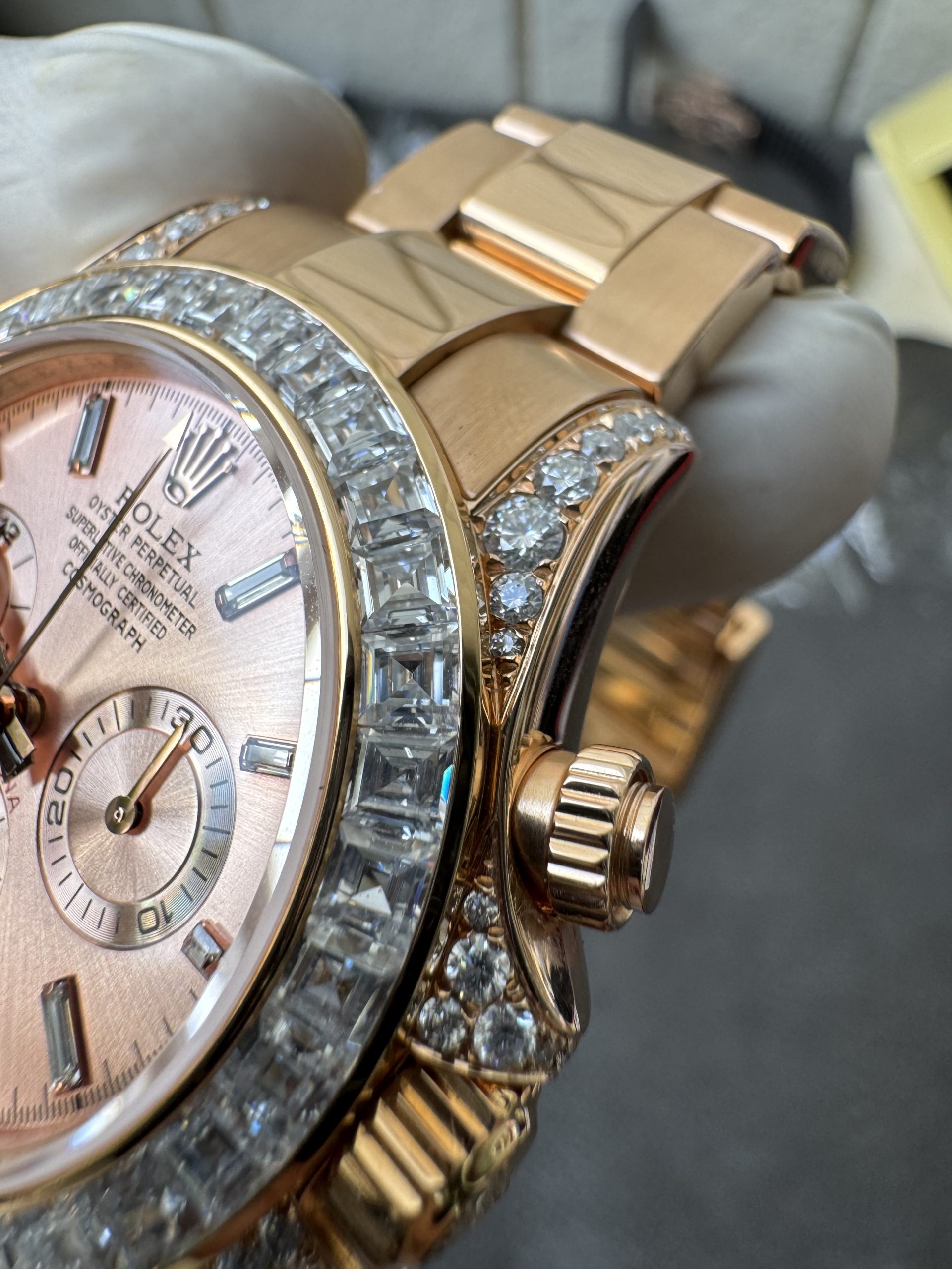 Victory Factory Rolex Custom SuperClone ICE Out Daytona 126595TBR Rose Gold Case Set with Diamonds Pink Dial with Diamond Indexs 4131 Movement 07 Clean Factory Rolex Custom SuperClone ICE Out Daytona 126595TBR Rose Gold Case Set with Diamonds Pink Dial with Diamond Indexs 4131 Movement 07