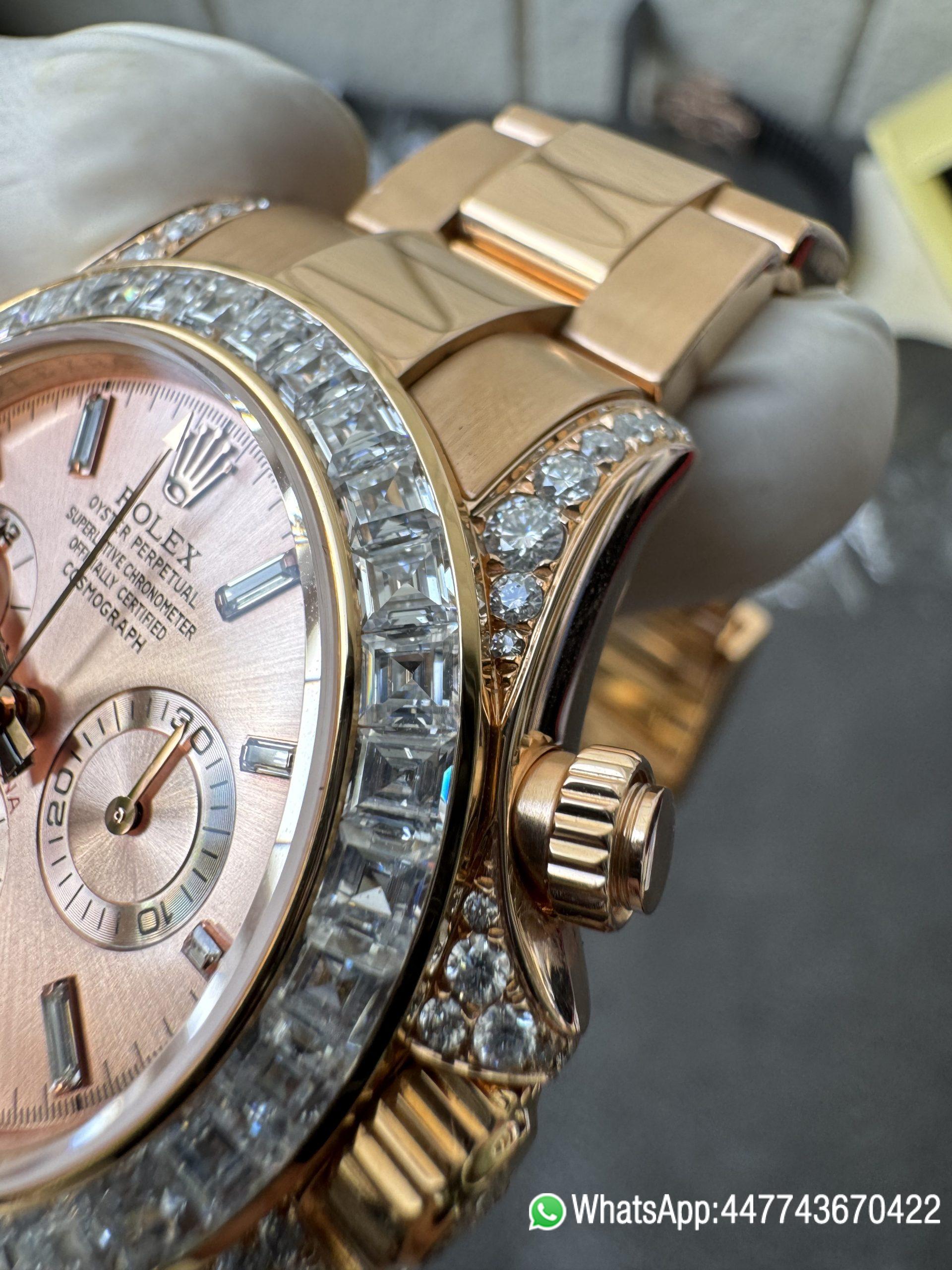 Super Clone Rolex Custom SuperClone ICE Out Daytona 126595TBR Rose Gold Case Set with Diamonds Pink Dial with Diamond Indexs 4131 Movement 07 Super Clone Rolex Custom SuperClone ICE Out Daytona 126595TBR Rose Gold Case Set with Diamonds Pink Dial with Diamond Indexs 4131 Movement 07