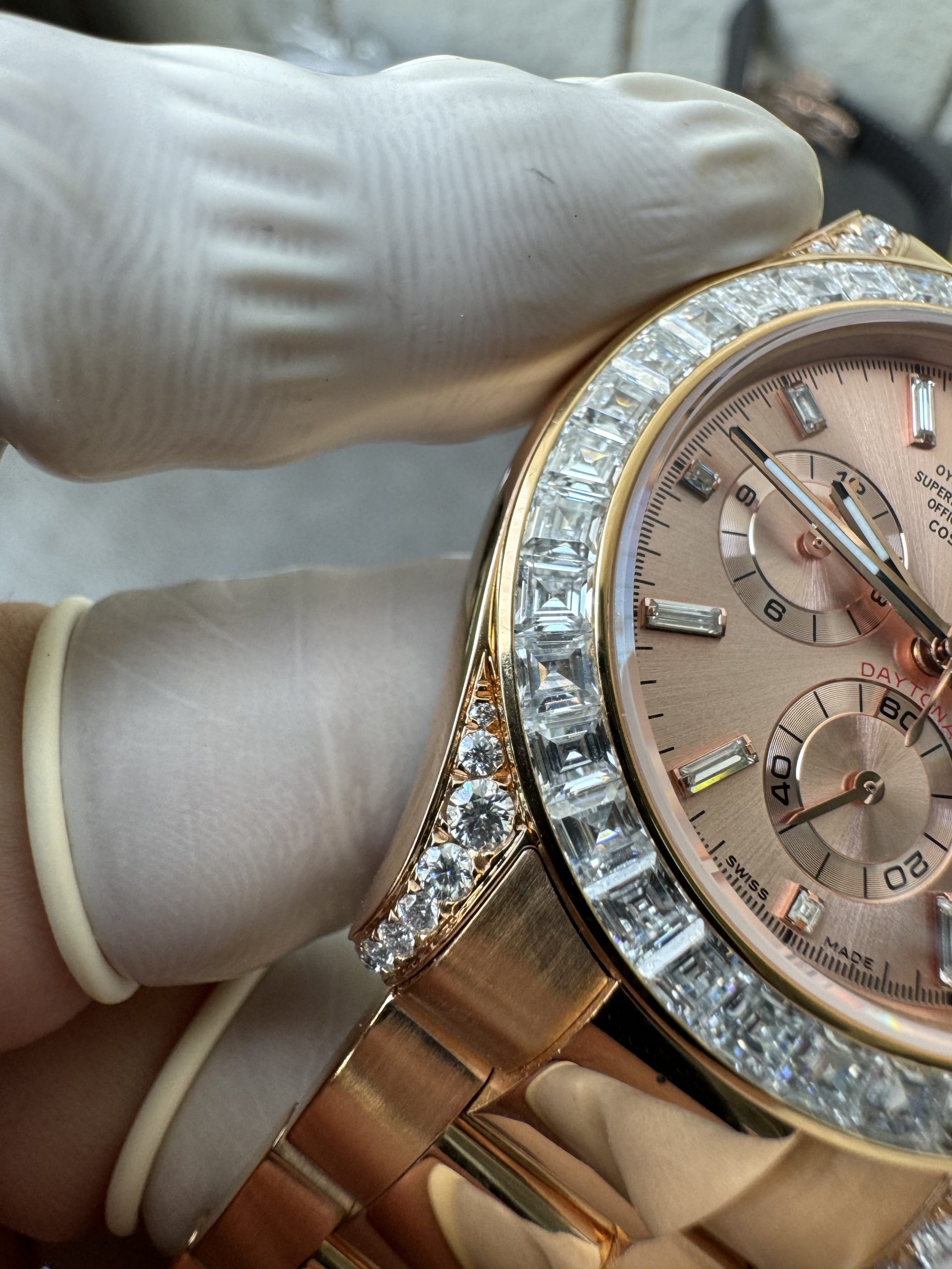 Victory Factory Rolex Custom SuperClone ICE Out Daytona 126595TBR Rose Gold Case Set with Diamonds Pink Dial with Diamond Indexs 4131 Movement 08 Clean Factory Rolex Custom SuperClone ICE Out Daytona 126595TBR Rose Gold Case Set with Diamonds Pink Dial with Diamond Indexs 4131 Movement 08