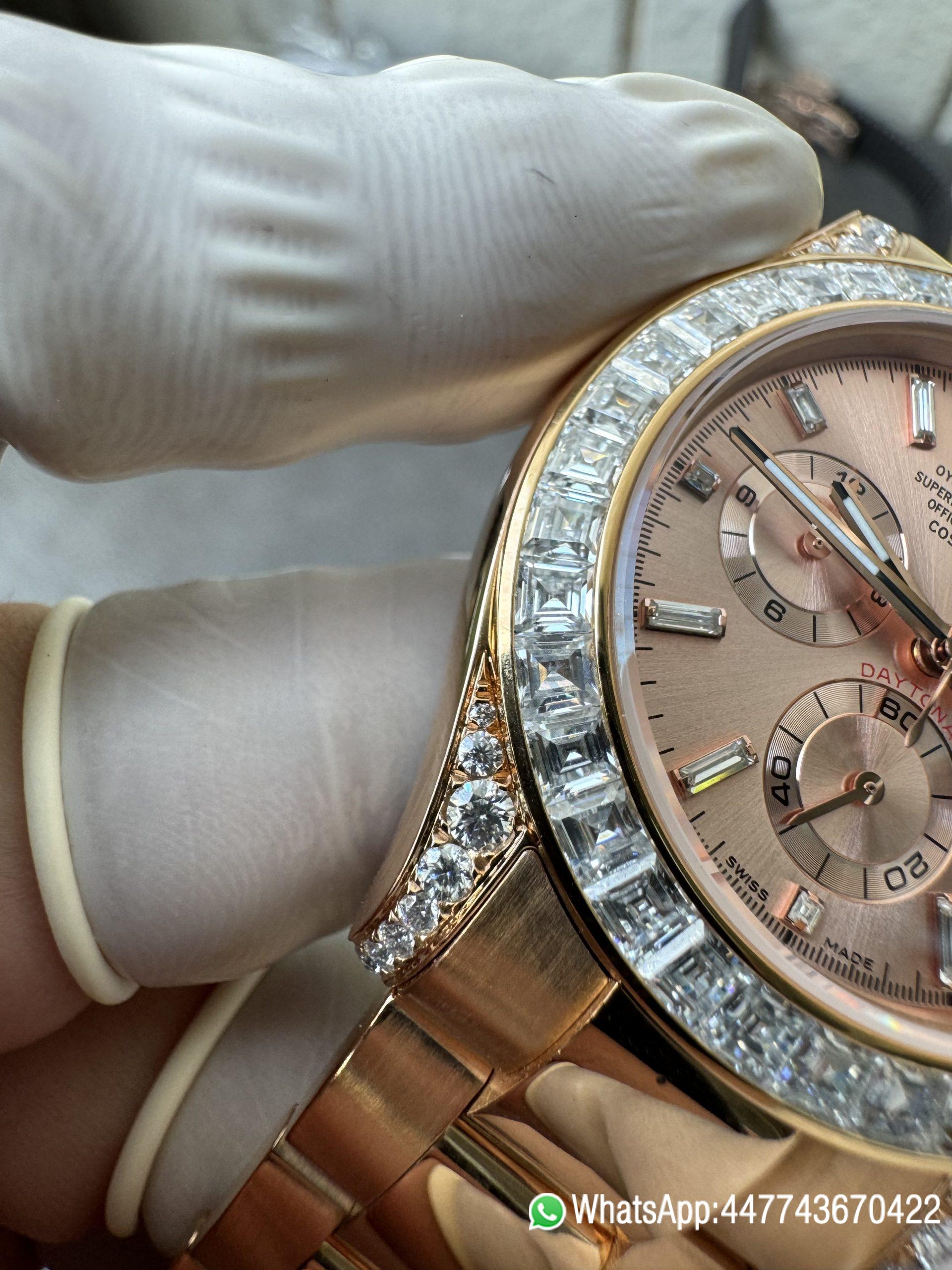 Super Clone Rolex Custom SuperClone ICE Out Daytona 126595TBR Rose Gold Case Set with Diamonds Pink Dial with Diamond Indexs 4131 Movement 08 Super Clone Rolex Custom SuperClone ICE Out Daytona 126595TBR Rose Gold Case Set with Diamonds Pink Dial with Diamond Indexs 4131 Movement 08
