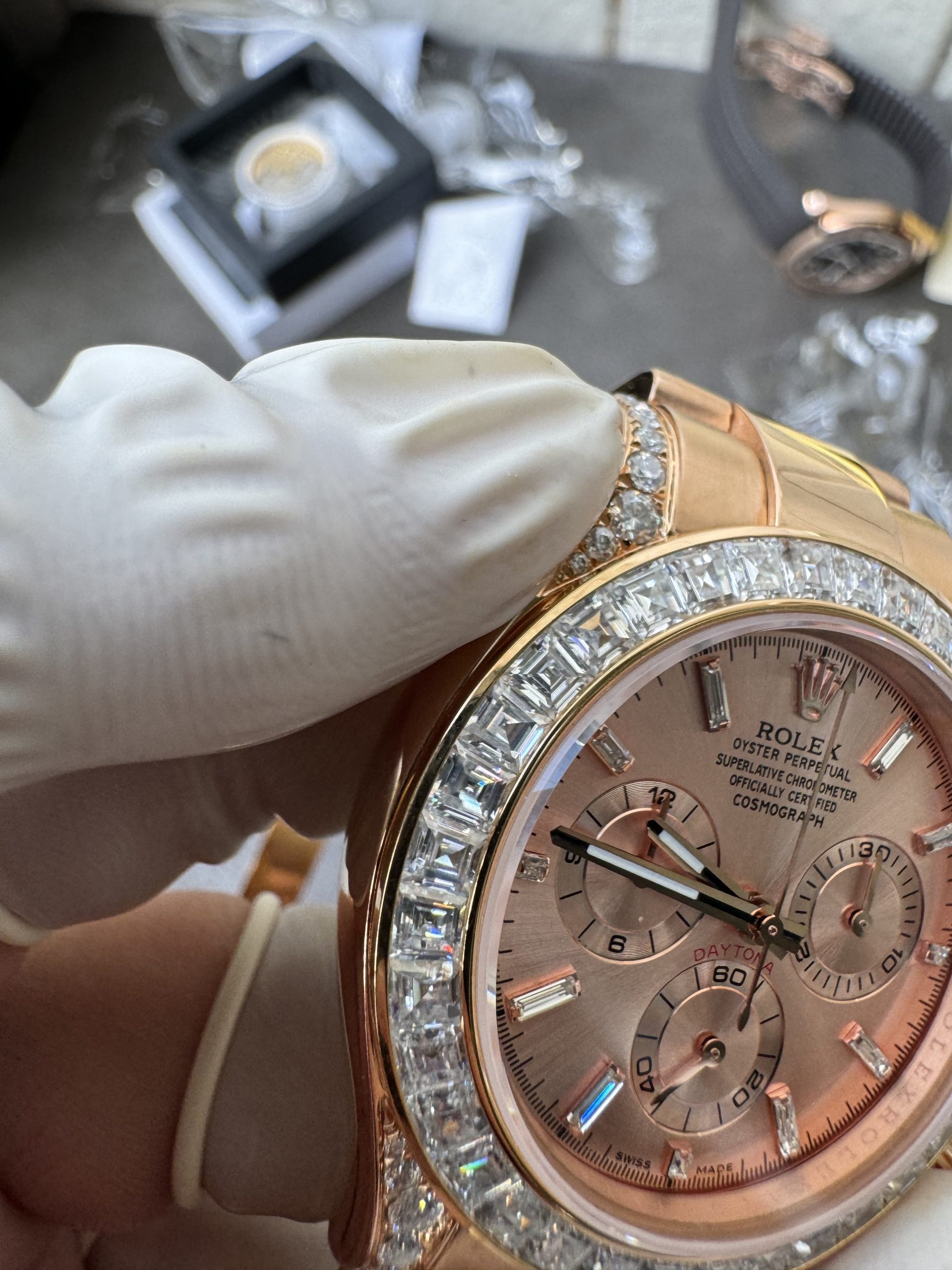 Victory Factory Rolex Custom SuperClone ICE Out Daytona 126595TBR Rose Gold Case Set with Diamonds Pink Dial with Diamond Indexs 4131 Movement 09 Clean Factory Rolex Custom SuperClone ICE Out Daytona 126595TBR Rose Gold Case Set with Diamonds Pink Dial with Diamond Indexs 4131 Movement 09