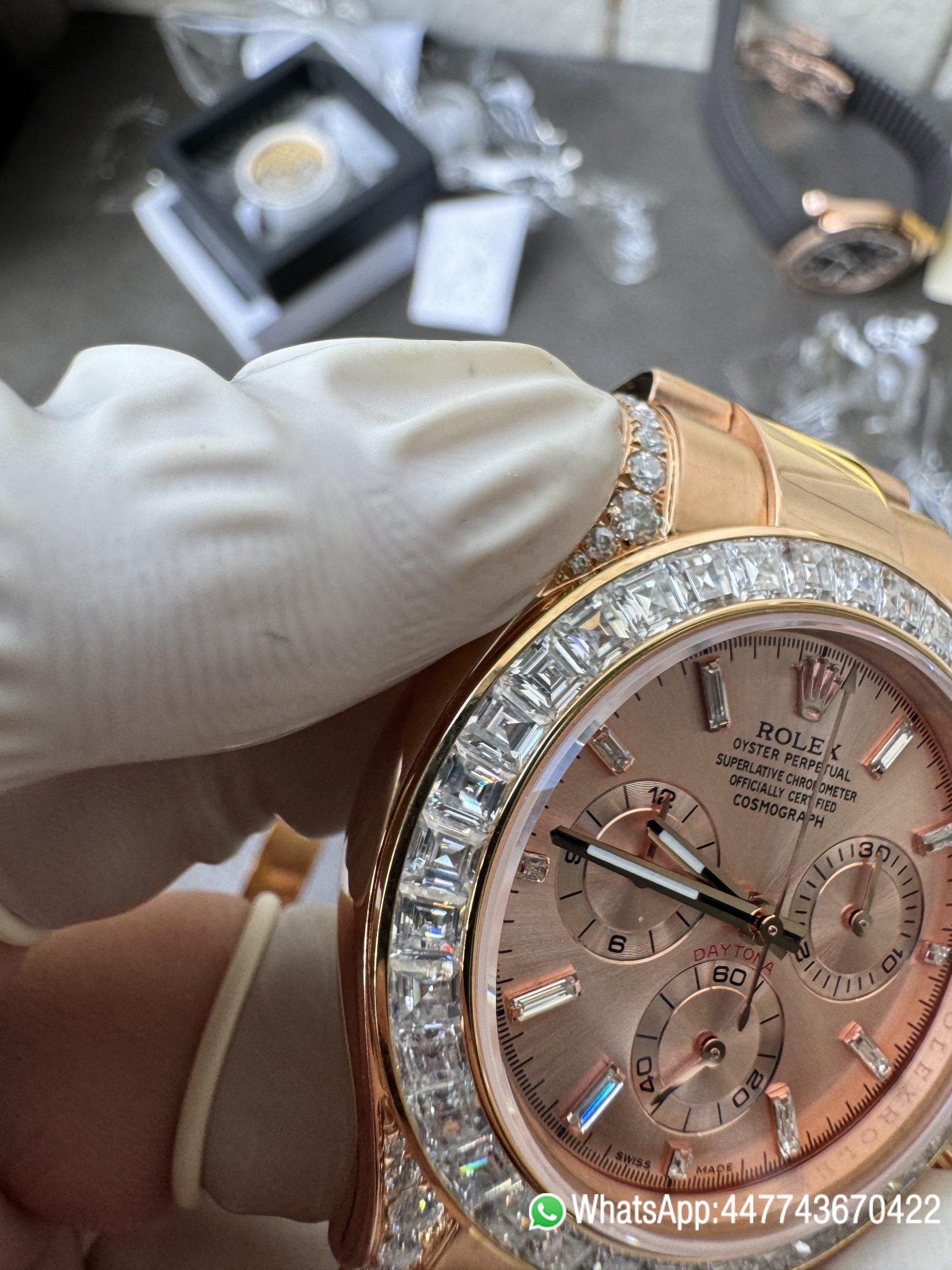 Super Clone Rolex Custom SuperClone ICE Out Daytona 126595TBR Rose Gold Case Set with Diamonds Pink Dial with Diamond Indexs 4131 Movement 09 Super Clone Rolex Custom SuperClone ICE Out Daytona 126595TBR Rose Gold Case Set with Diamonds Pink Dial with Diamond Indexs 4131 Movement 09