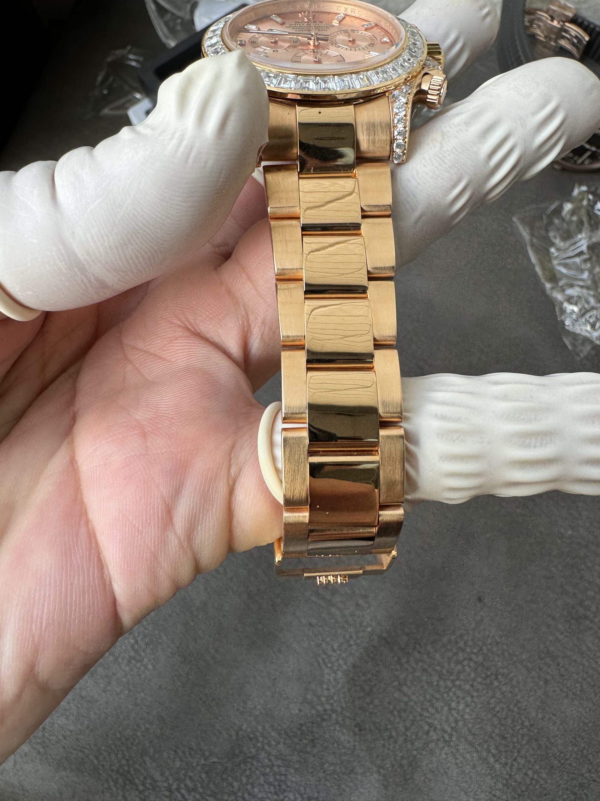 Victory Factory Rolex Custom SuperClone ICE Out Daytona 126595TBR Rose Gold Case Set with Diamonds Pink Dial with Diamond Indexs 4131 Movement 10 Clean Factory Rolex Custom SuperClone ICE Out Daytona 126595TBR Rose Gold Case Set with Diamonds Pink Dial with Diamond Indexs 4131 Movement 10
