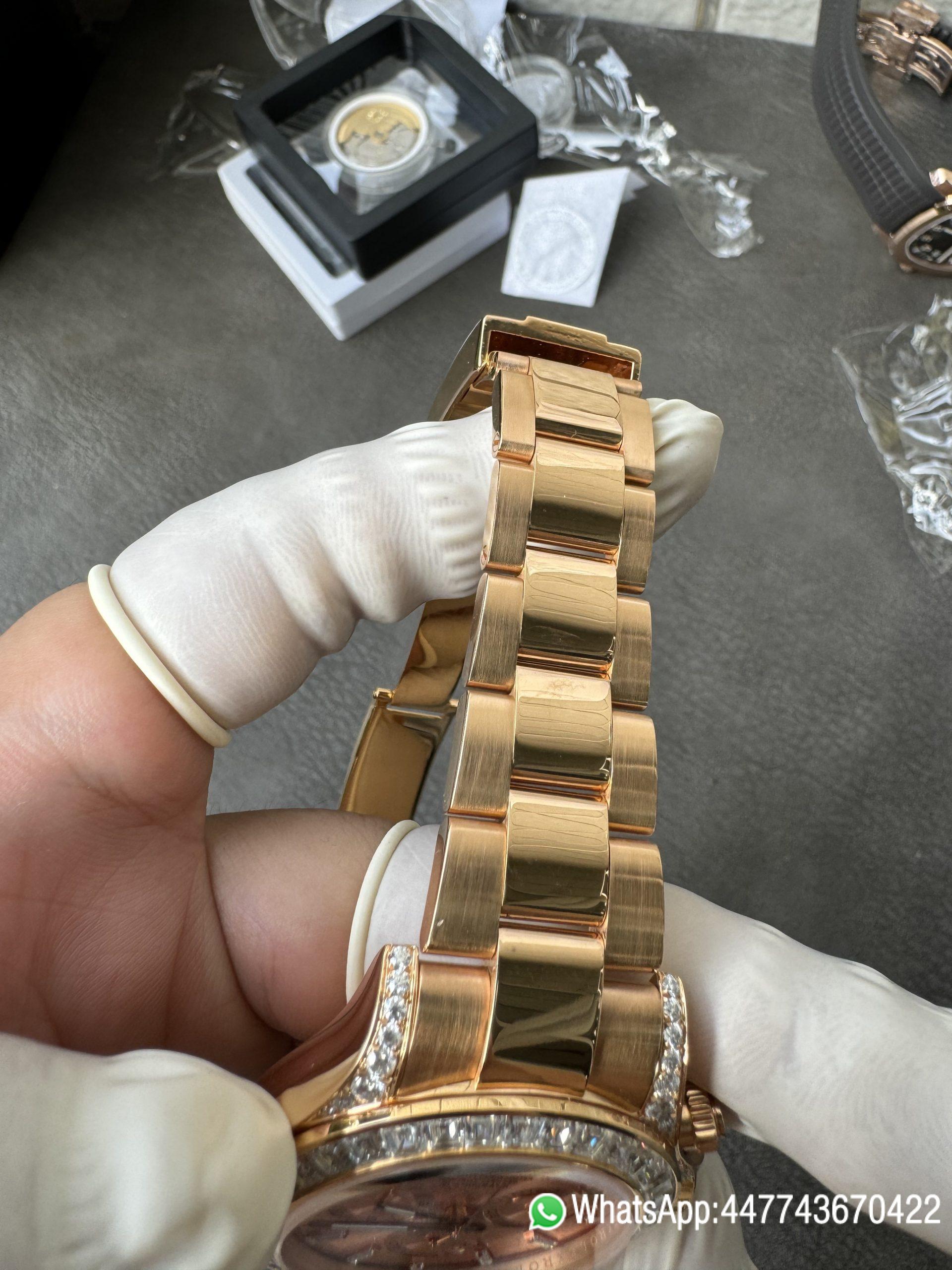 Super Clone Rolex Custom SuperClone ICE Out Daytona 126595TBR Rose Gold Case Set with Diamonds Pink Dial with Diamond Indexs 4131 Movement 11 Super Clone Rolex Custom SuperClone ICE Out Daytona 126595TBR Rose Gold Case Set with Diamonds Pink Dial with Diamond Indexs 4131 Movement 11