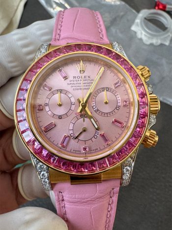 Super Clone Custom Lady Daytona 126538TRO Wrapped 18K Yellow Gold Case Pink Dial wtih Diamond Indexes Pink Diamonds Bezel Pink Leather Strap 4131 Movement 00