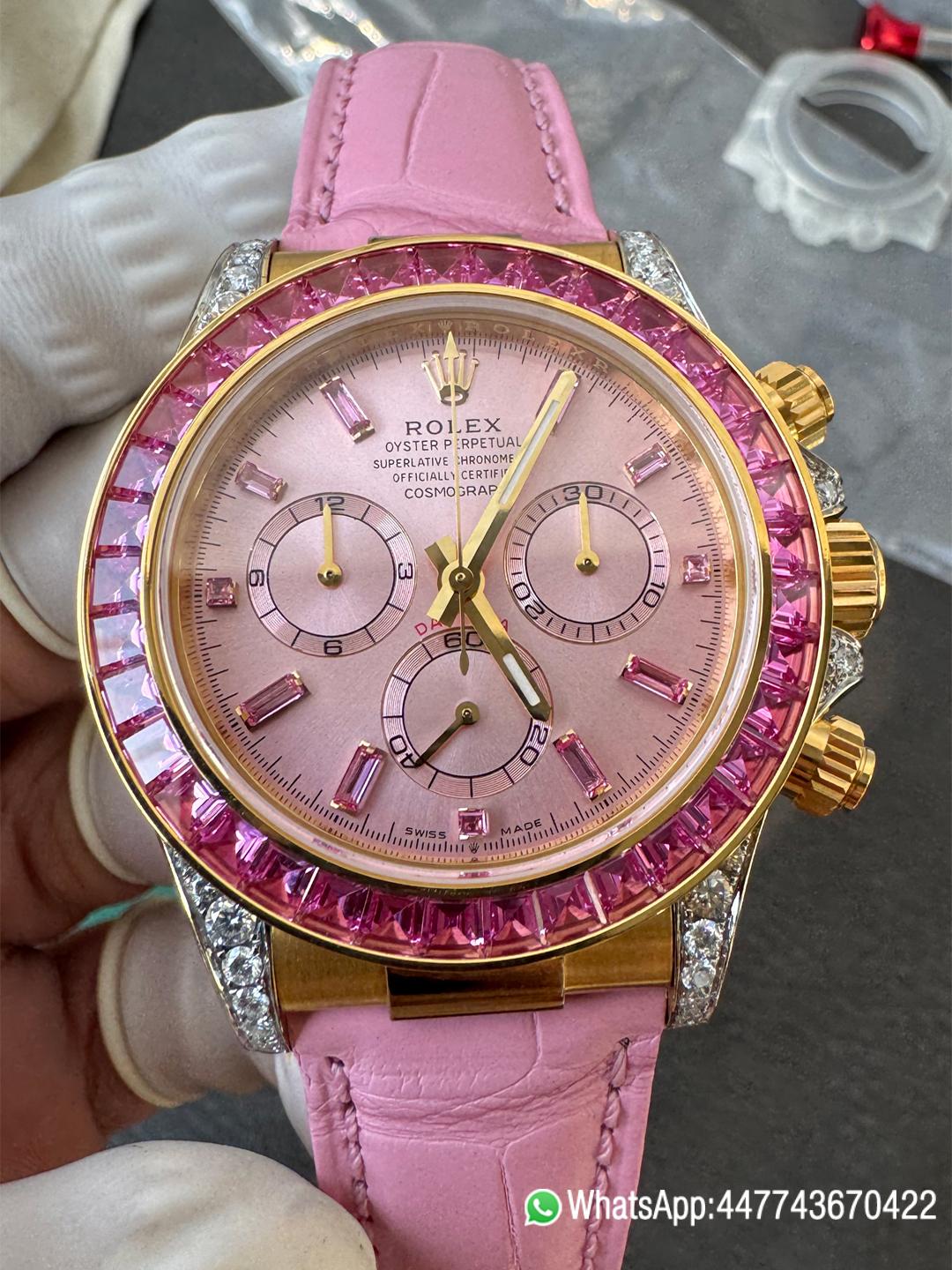 Super Clone Custom Lady Daytona 126538TRO Wrapped 18K Yellow Gold Case Pink Dial wtih Diamond Indexes Pink Diamonds Bezel Pink Leather Strap 4131 Movement 00 Super Clone Custom Lady Daytona 126538TRO Wrapped 18K Yellow Gold Case Pink Dial wtih Diamond Indexes Pink Diamonds Bezel Pink Leather Strap 4131 Movement 00