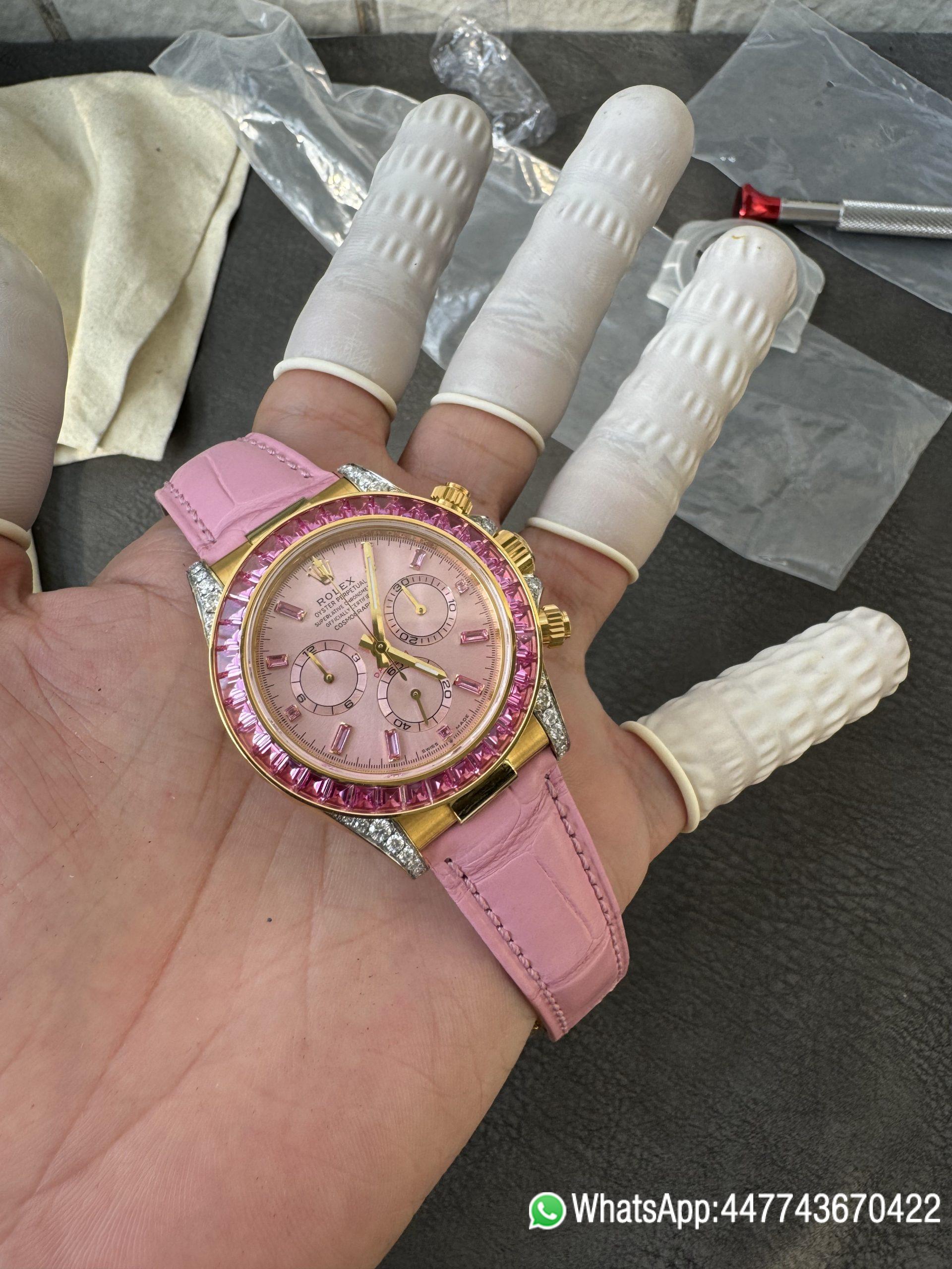 Super Clone Custom Lady Daytona 126538TRO Wrapped 18K Yellow Gold Case Pink Dial wtih Diamond Indexes Pink Diamonds Bezel Pink Leather Strap 4131 Movement 01 Super Clone Custom Lady Daytona 126538TRO Wrapped 18K Yellow Gold Case Pink Dial wtih Diamond Indexes Pink Diamonds Bezel Pink Leather Strap 4131 Movement 01