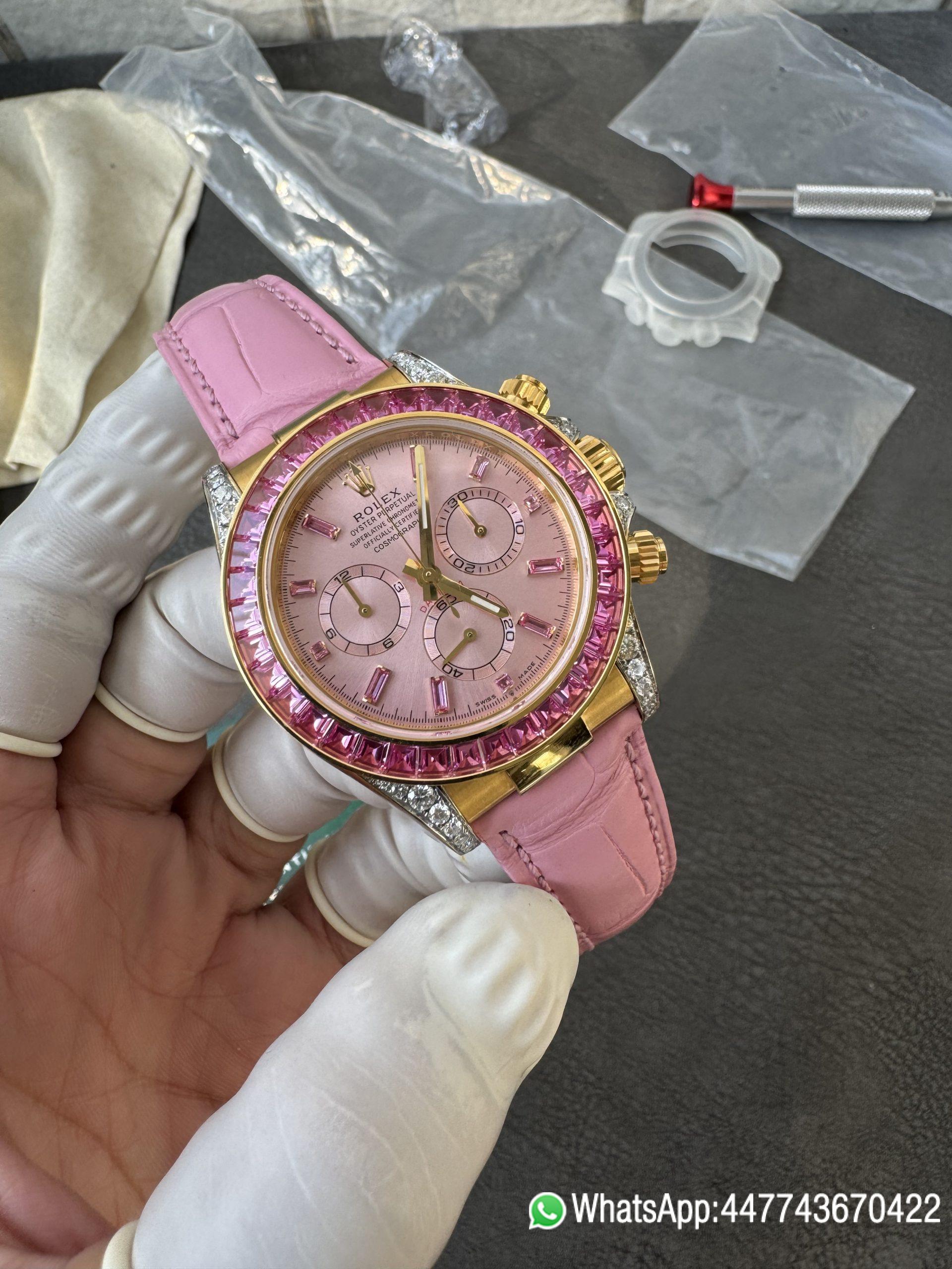 Super Clone Custom Lady Daytona 126538TRO Wrapped 18K Yellow Gold Case Pink Dial wtih Diamond Indexes Pink Diamonds Bezel Pink Leather Strap 4131 Movement 02 Super Clone Custom Lady Daytona 126538TRO Wrapped 18K Yellow Gold Case Pink Dial wtih Diamond Indexes Pink Diamonds Bezel Pink Leather Strap 4131 Movement 02
