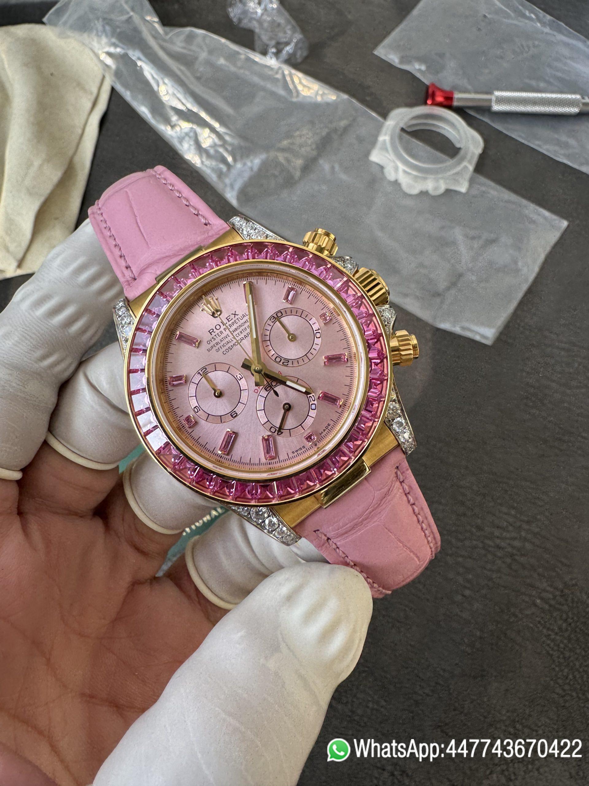 Super Clone Custom Lady Daytona 126538TRO Wrapped 18K Yellow Gold Case Pink Dial wtih Diamond Indexes Pink Diamonds Bezel Pink Leather Strap 4131 Movement 03 Super Clone Custom Lady Daytona 126538TRO Wrapped 18K Yellow Gold Case Pink Dial wtih Diamond Indexes Pink Diamonds Bezel Pink Leather Strap 4131 Movement 03