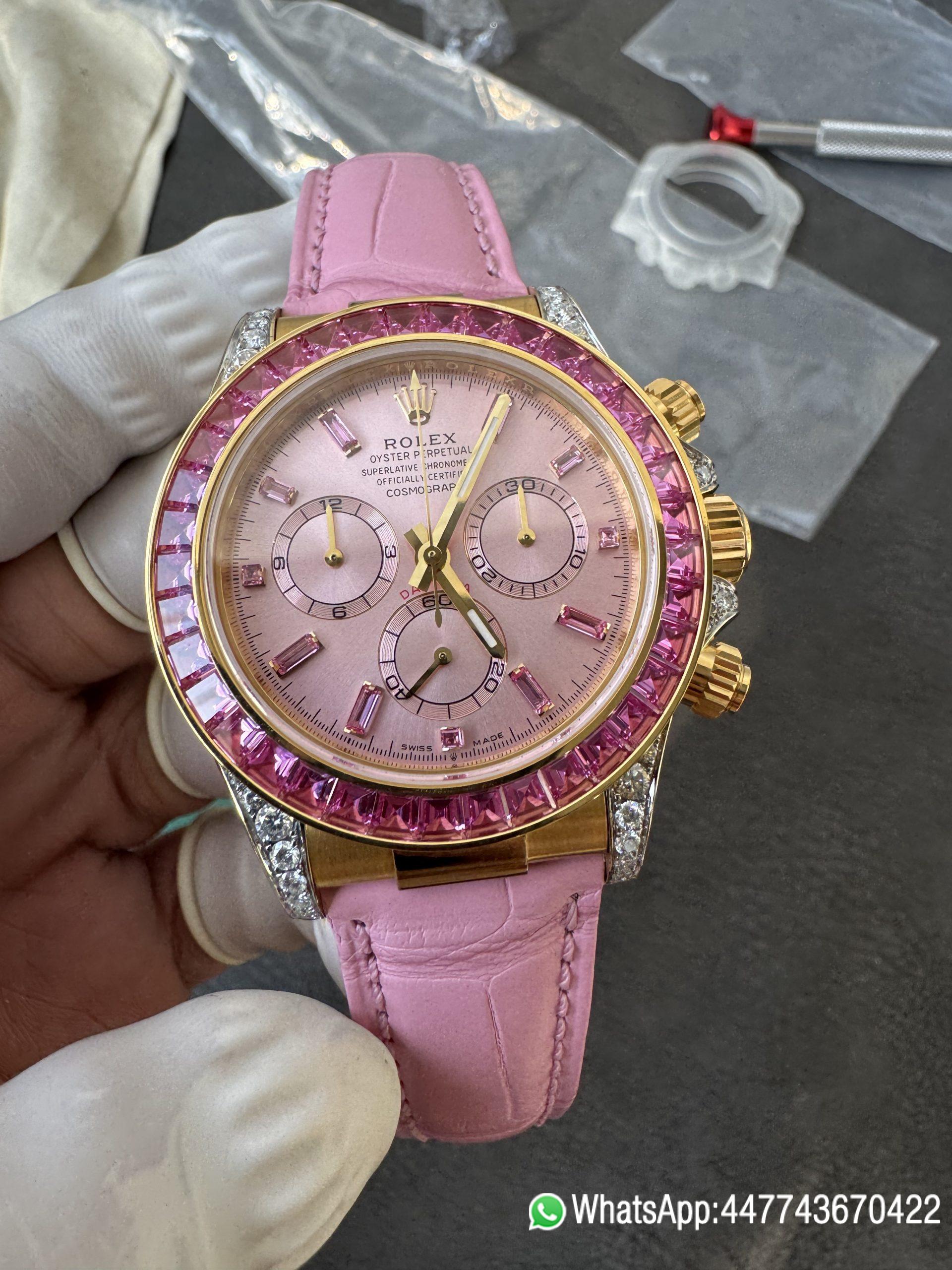 Super Clone Custom Lady Daytona 126538TRO Wrapped 18K Yellow Gold Case Pink Dial wtih Diamond Indexes Pink Diamonds Bezel Pink Leather Strap 4131 Movement 04 Super Clone Custom Lady Daytona 126538TRO Wrapped 18K Yellow Gold Case Pink Dial wtih Diamond Indexes Pink Diamonds Bezel Pink Leather Strap 4131 Movement 04