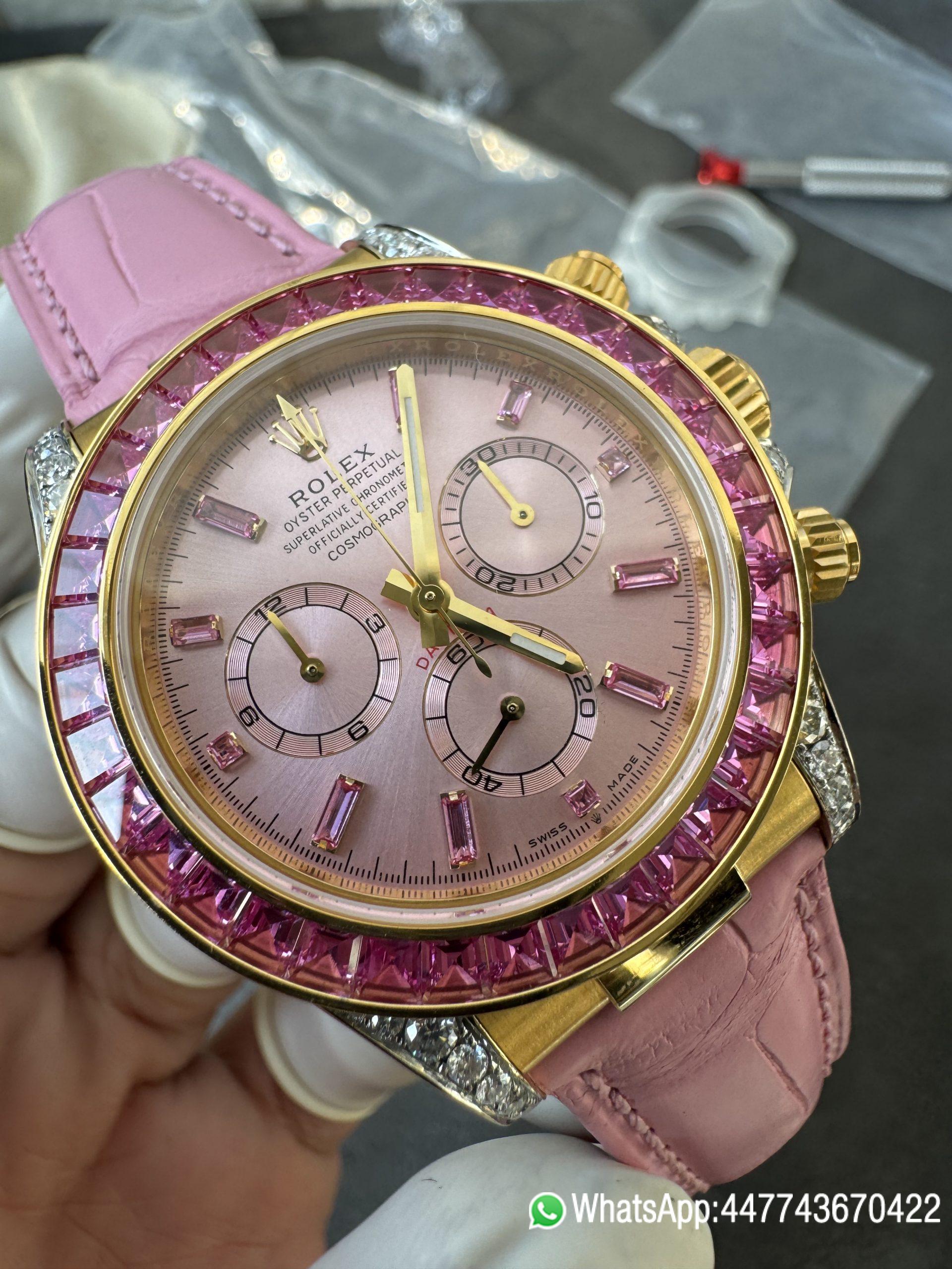 Super Clone Custom Lady Daytona 126538TRO Wrapped 18K Yellow Gold Case Pink Dial wtih Diamond Indexes Pink Diamonds Bezel Pink Leather Strap 4131 Movement 05 Super Clone Custom Lady Daytona 126538TRO Wrapped 18K Yellow Gold Case Pink Dial wtih Diamond Indexes Pink Diamonds Bezel Pink Leather Strap 4131 Movement 05